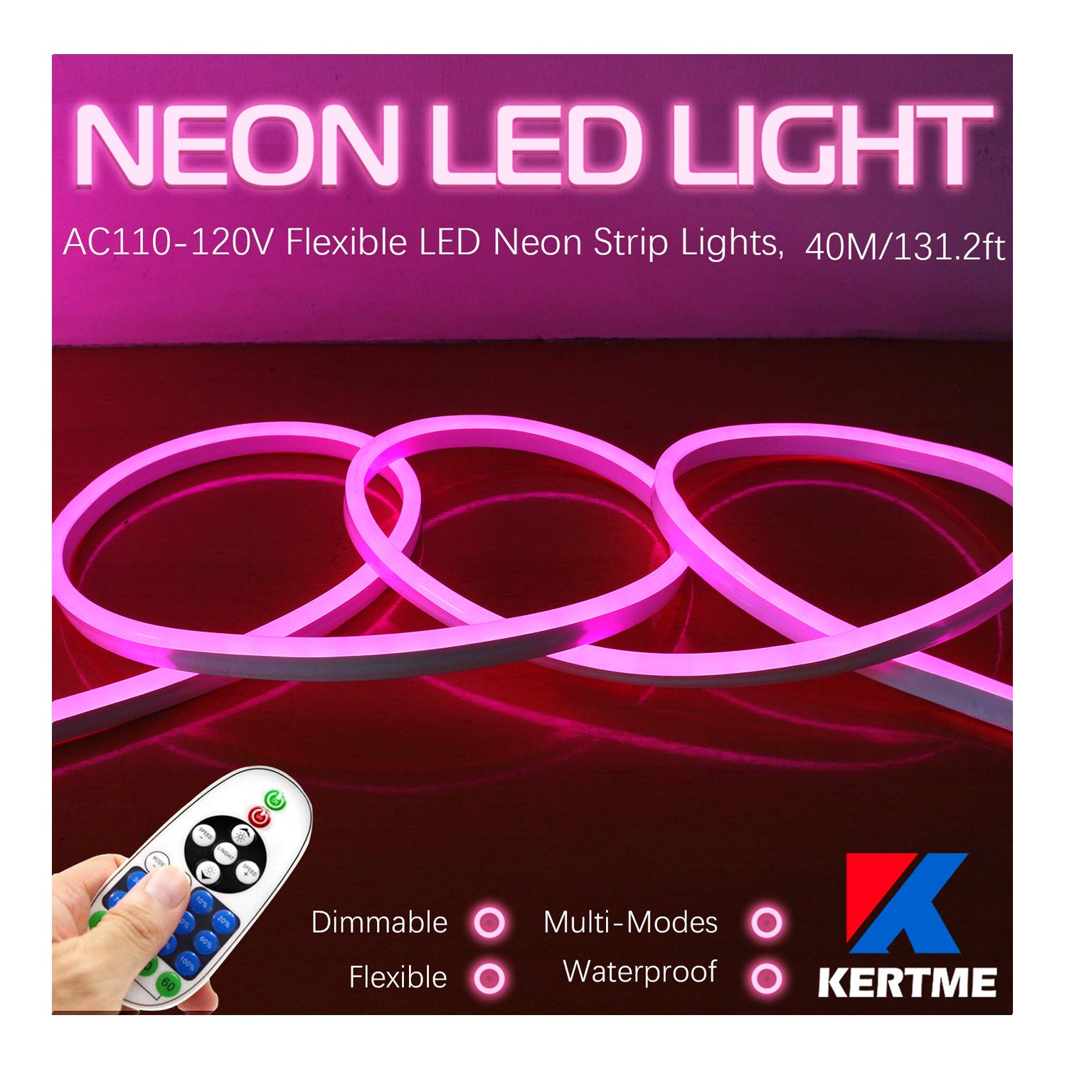 Kertme 131.2Ft Pink Neon Led Light Strip, Waterproof & Dimmable With Remote For Home Decor