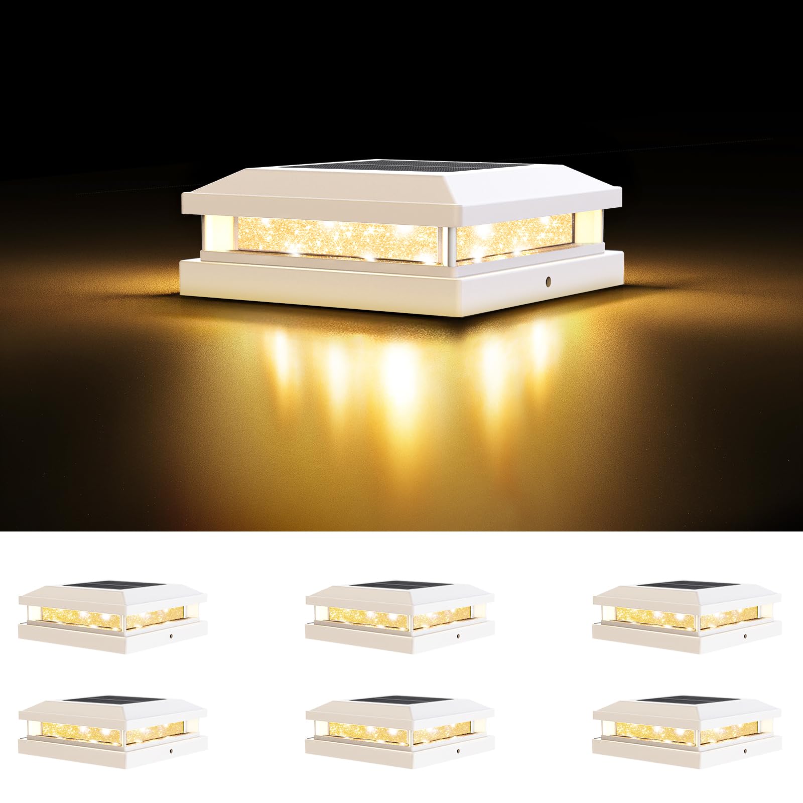 Brightever 4x4 Solar Post Cap Lights Outdoor  Waterproof 16LEDs Solar Powered Deck Post Light with Warm White/Cool White  Solar Fence Lights for 5x5 Wooden/Vinyl Post in Garden  Patio  Porch  6 Pack