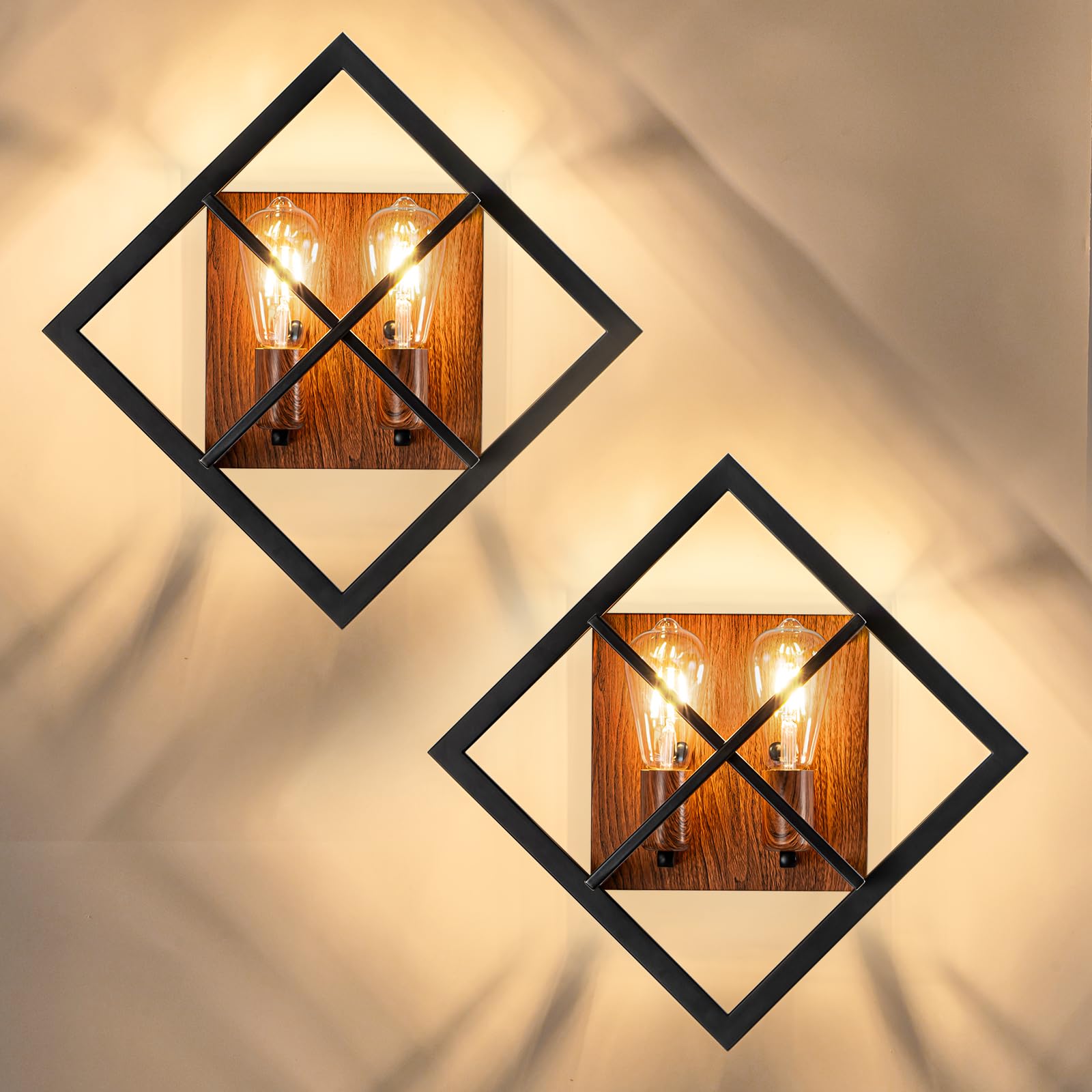 fengkeDU Farmhouse Wall Sconce Set of 2, Black & Wood, Metal, 17.8in, E26 Base, Rustic Indoor Light Fixtures