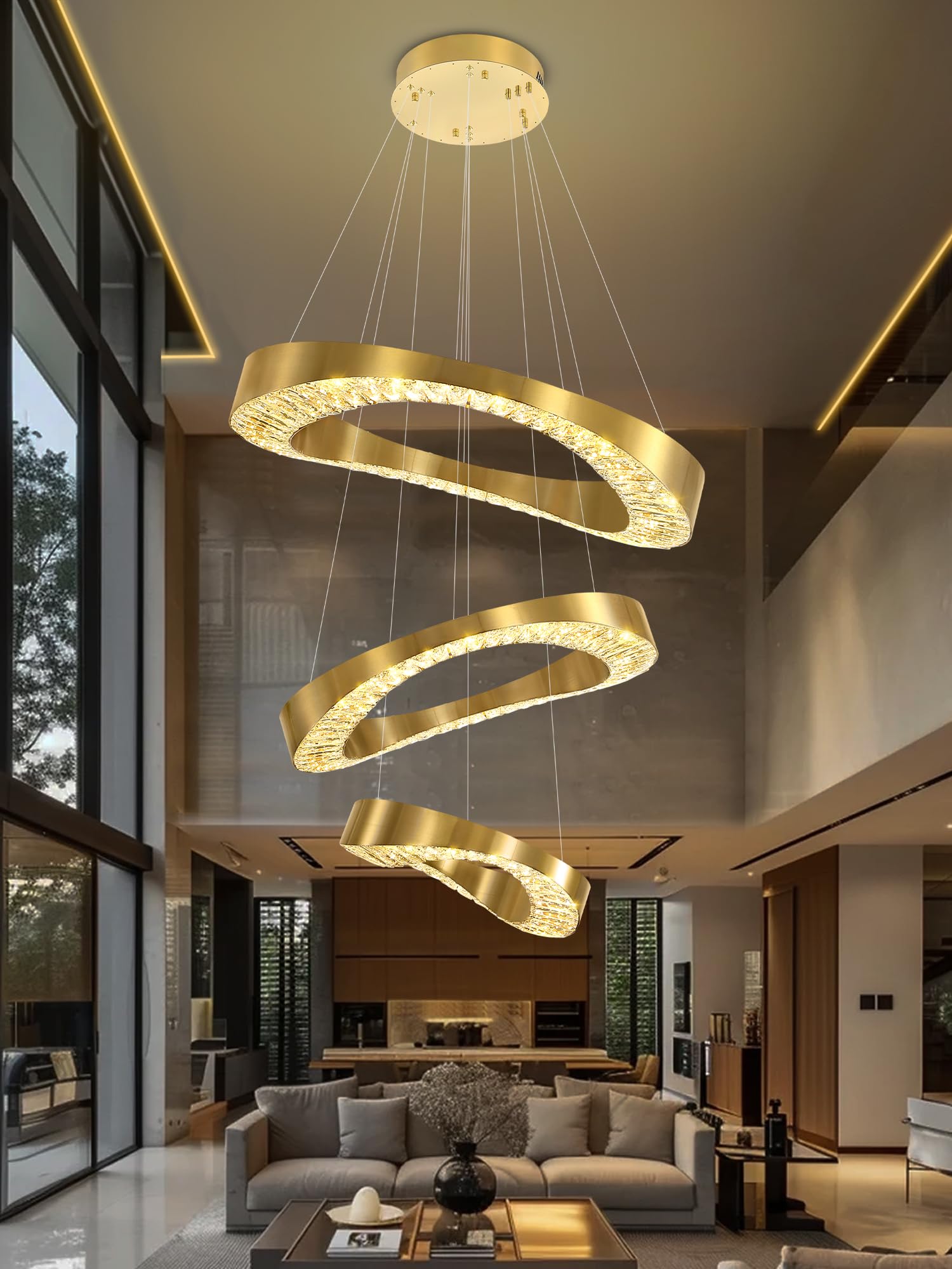 Flashing God 3 Ring LED Chandelier Modern Crystal Chandeliers LED Pendant Lights Gold Chandelier for Bedroom Dining Room Dimmable 2700k 4500k 6000k