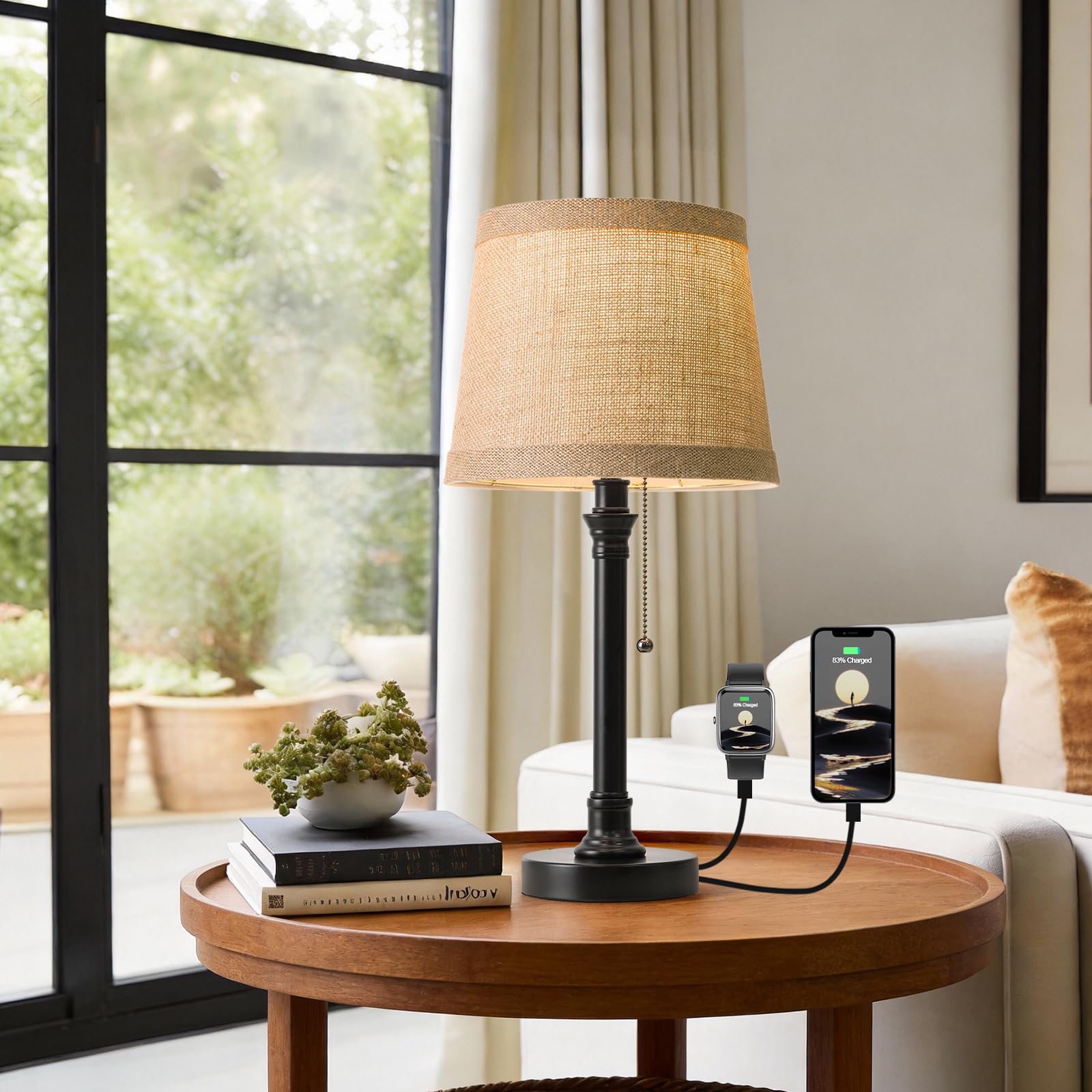 Oneach 19.5 Small Table Lamp with USB A+C Charging Ports  Black Modern Rustic Bedside Lamp with Natural Shade  Black Metal Pull Chain Desk Lamps for Living Room  Bedroom  Nightstand