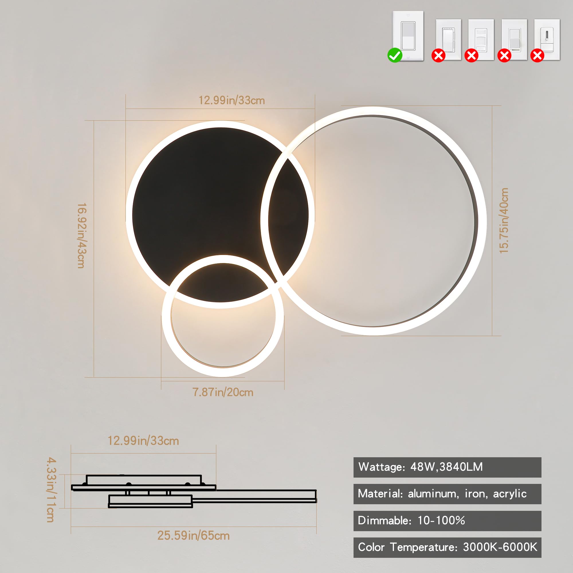 ONEELDY Modern LED Flush Mount Ceiling Light, Dimmable 48W, Adjustable 3000K-6000K, Black Acrylic Fixture for Home