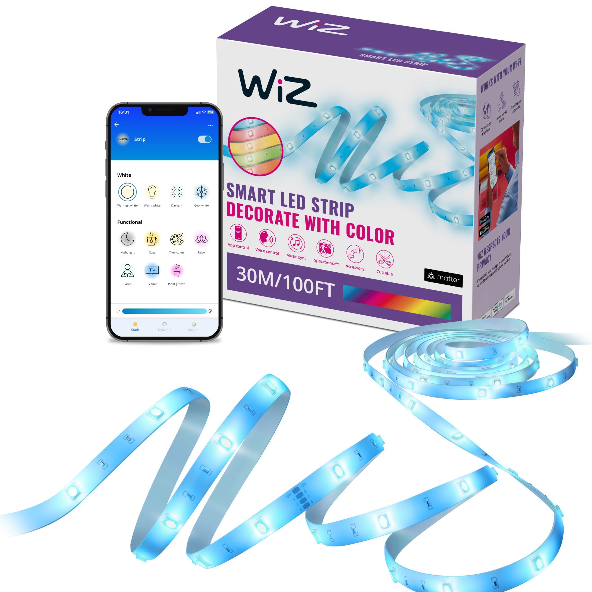 WiZ Connected LED Light Strip, 100 ft, RGB Color-Changing, Voice/App Control, Model 605550, Works with Google Home, Alexa, HomeKit