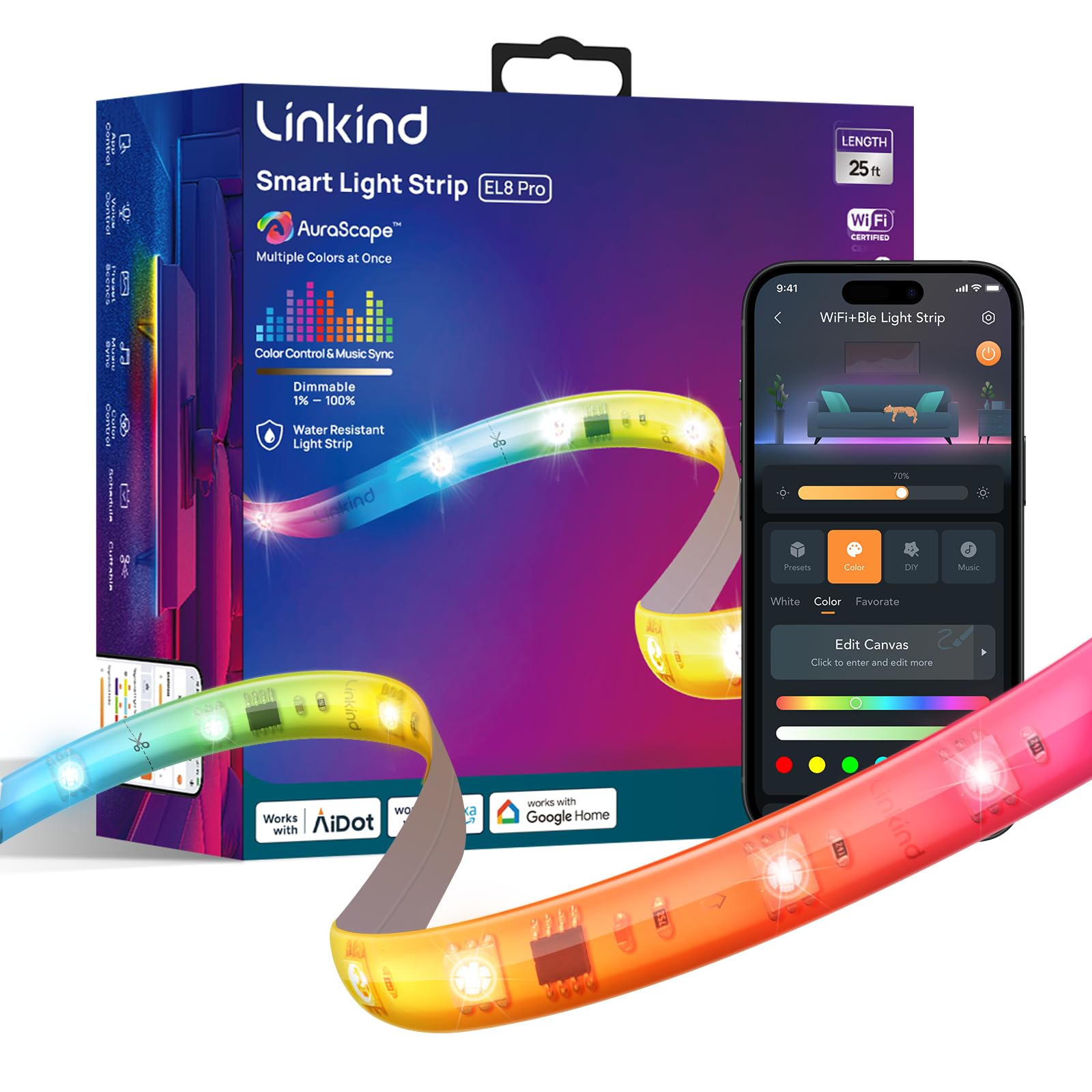 Linkind LED Band Lights RGB 25ft  Smart Light Band Work with Alexa and Google Home  App Control Music Sync Segmented Color Changing Led Lights for Bedroom Kitchen