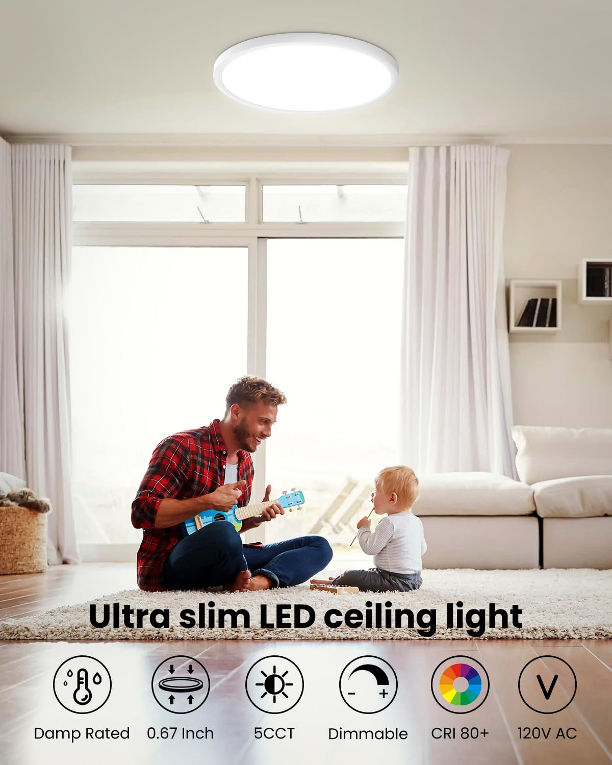 Wembanma Led Flush Mount Ceiling Light - 15Inch, 0.67In Ultra-Slim, 5Cct 24W/28W/32W Selectable, No Flicker, Ceiling Light Fixtu