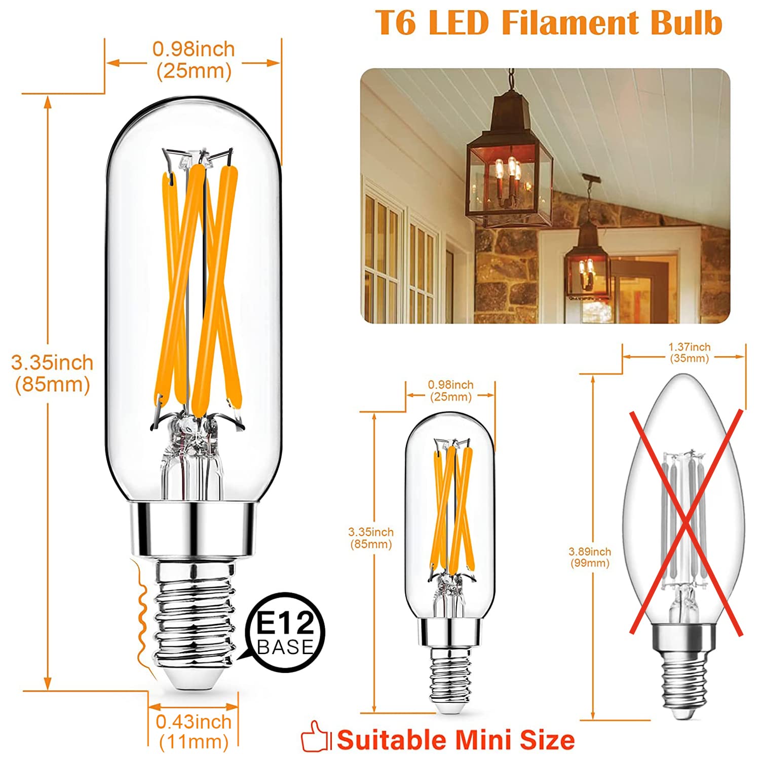 Mlambert 12 Pack Dimmable T6 Led Bulbs,4W Equal 40W E12 Candelabra Bulb 2200K,Clear 4W E12 Edison Base For Chandelier Light