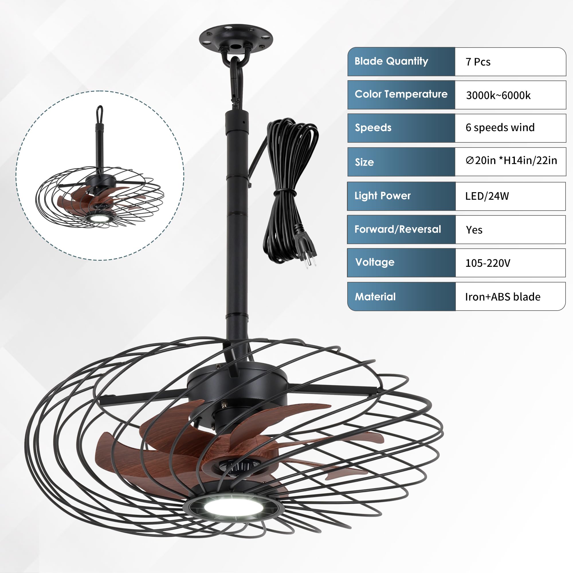 OSGNER 20" Black Outdoor Ceiling Fan with Light, Waterproof, Remote Control, Dimmable LED, Iron Material, Model F429-20-BK
