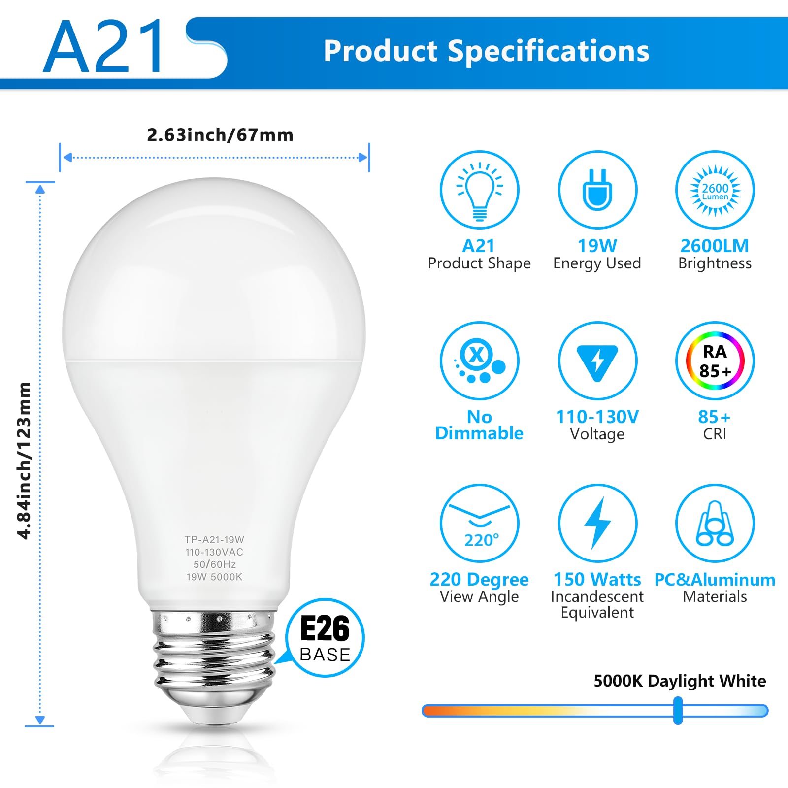 Maylaywood A21 Led Light Bulbs, 150 Watt Equivalent Led Bulb, Daylight White 5000K, 2600Lm, E26 Base, Non-Dimmable, 19W Bright W