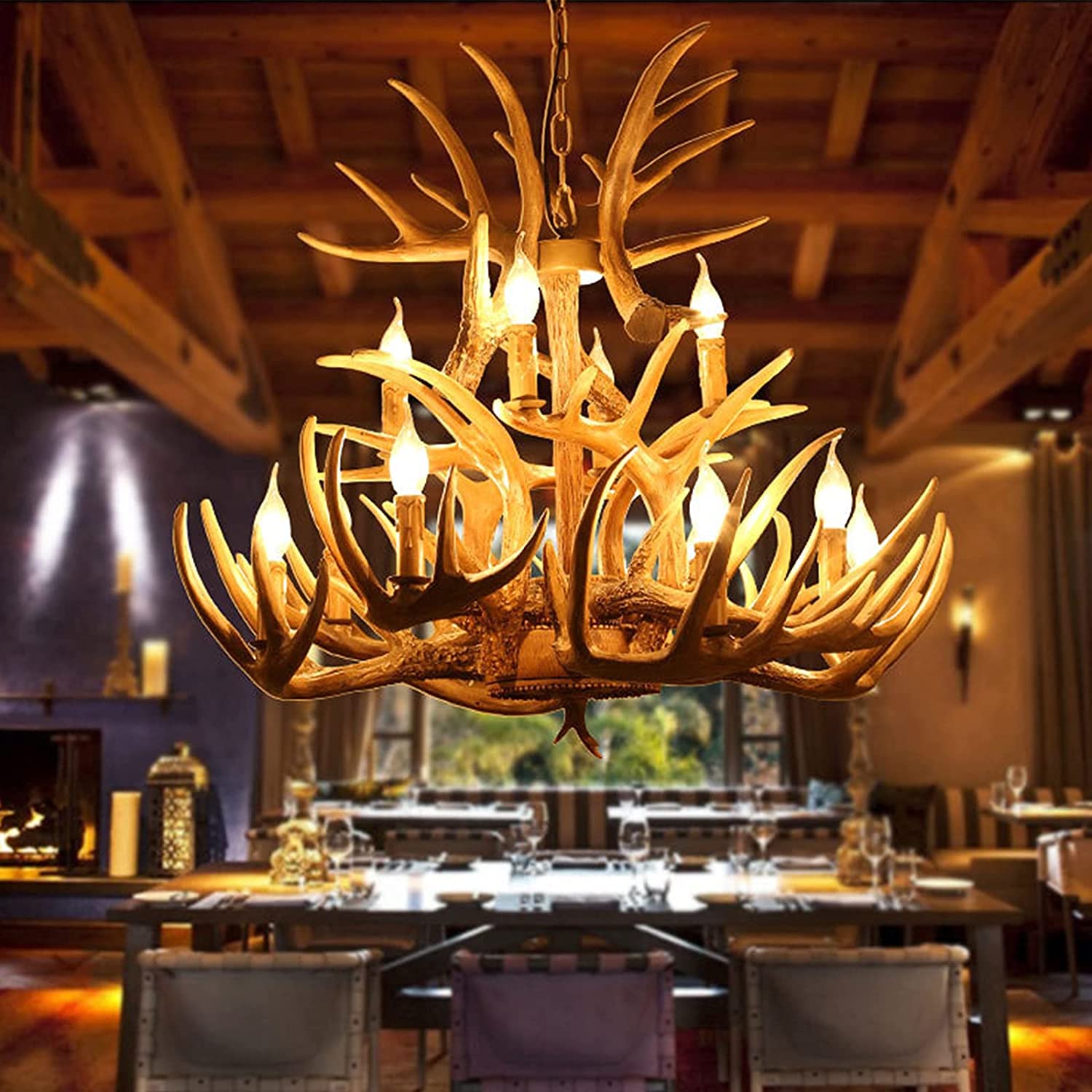 AUNLPB Deer Antler Chandelier 9-Light LED Pendant Light, Adjustable, Vintage Style, Brown, 12 Lights
