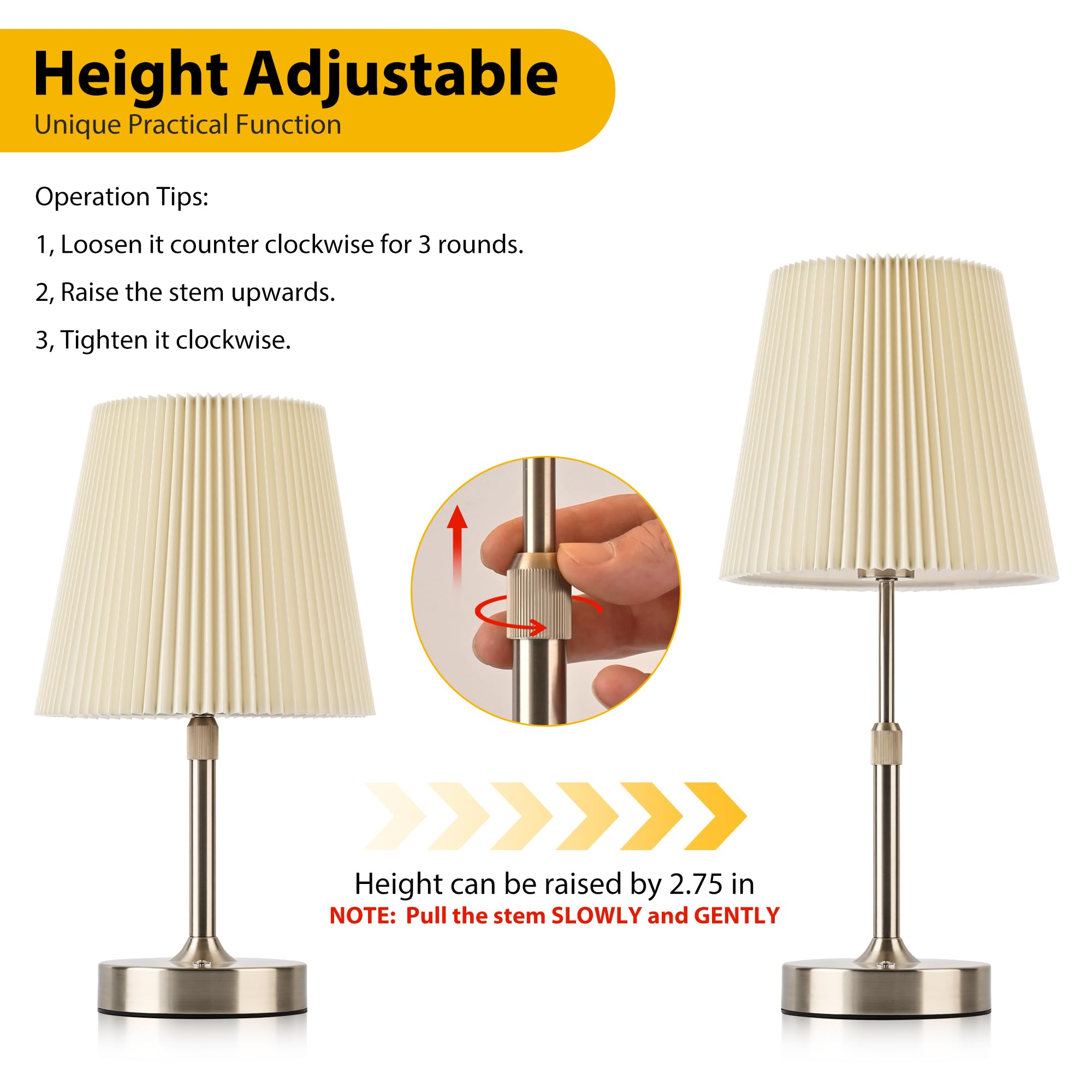 HISEEGO Cordless Table Lamp, 2700K Stepless Dimmable, 16.5in Pleated Lampshade, Metal, Silver, Model LP-N8-SL
