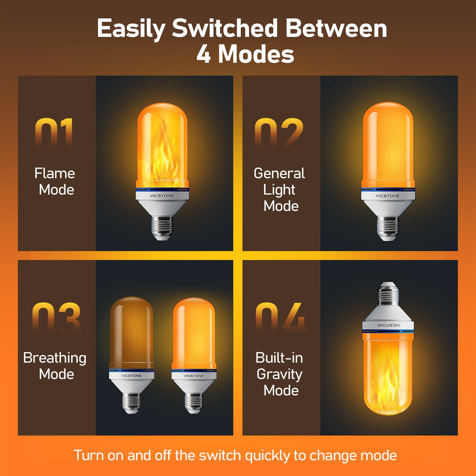 Vicstone LED Flame Light Bulbs, 4-Mode Flickering E26 Fire Bulbs, 4 Pack, Plastic for Indoor/Outdoor Halloween/Christmas Decor