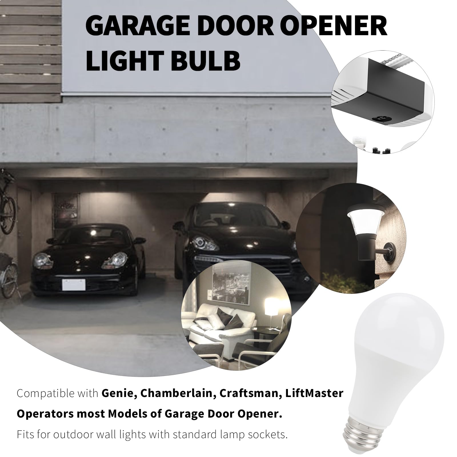 Pulems Garage Door Opener LED Light Bulb - 9W, 4000K, E26 Base, 2 Pack, White, for Chamberlain, Genie, Craftsman & Lift