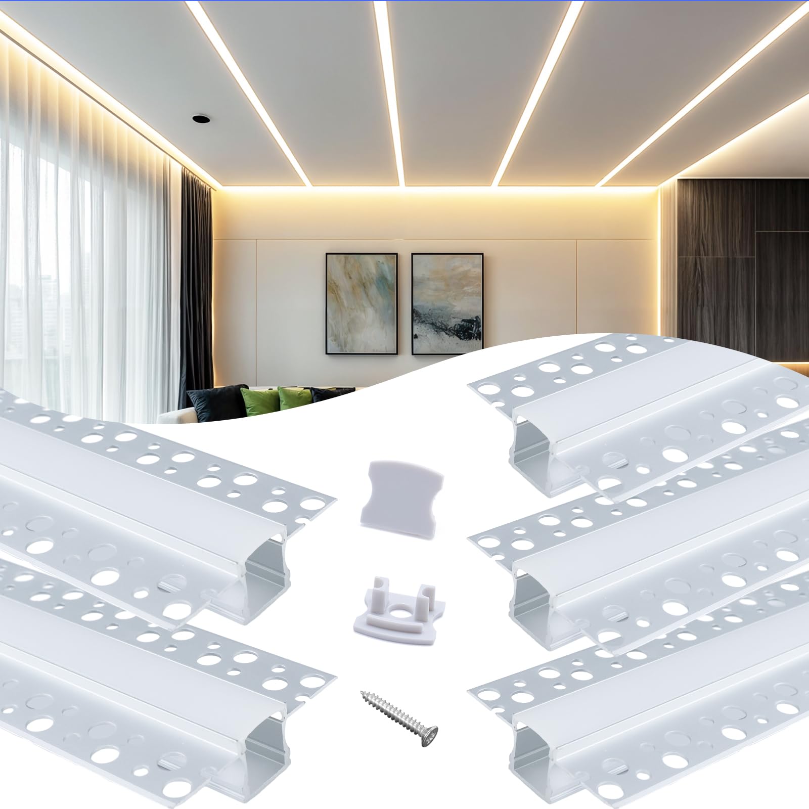 Muzata 5Pack 6.6FT/2M Plaster-In LED Channel Trimless Recessed LED Strip Diffuser Channel Spotless Deeper Wider for Drywall Ceil