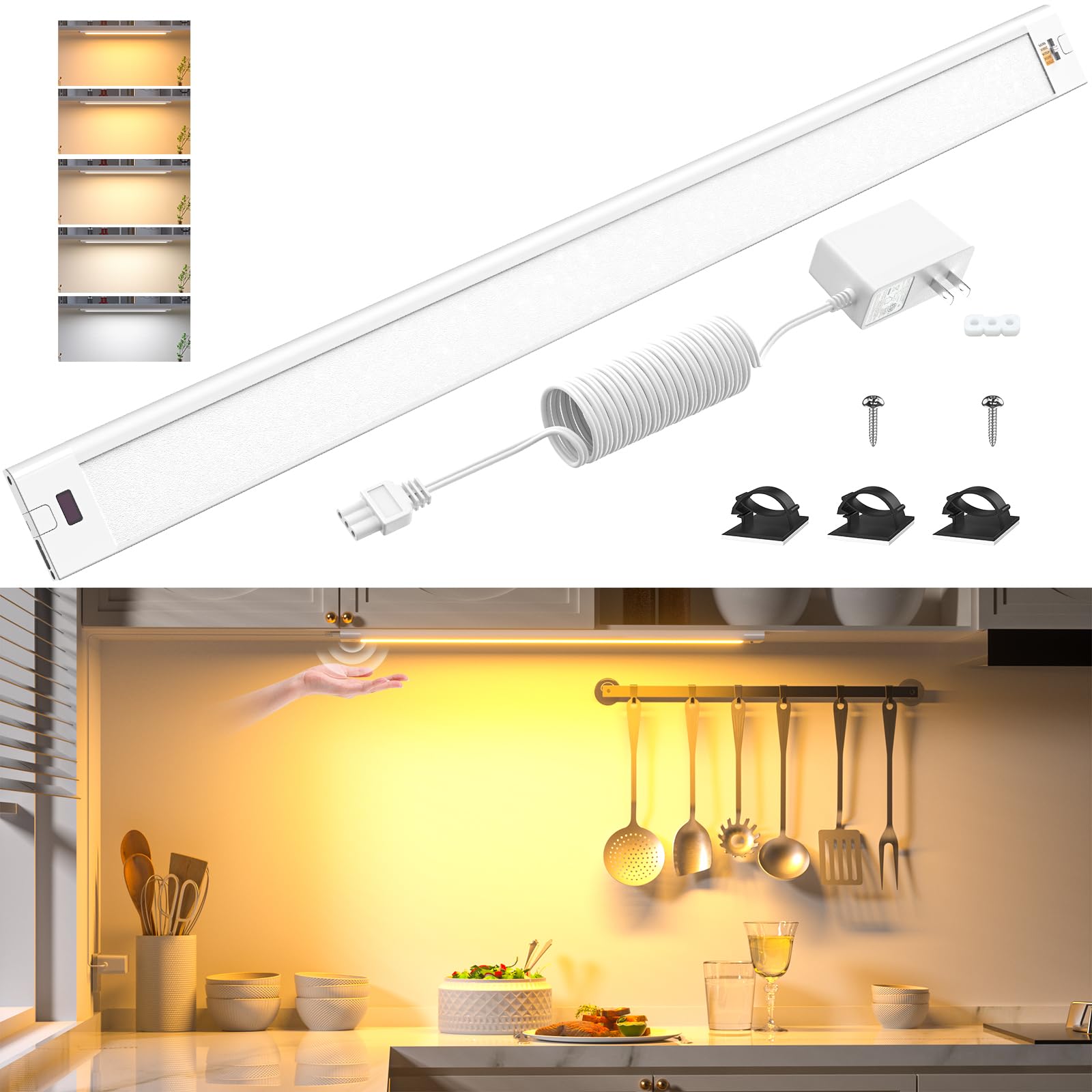 Wobane 16.5 Inch Under Cabinet Lighting,5 Color Settings,Under Counter Lights For Kitchen,Hand Wave Activated,Touchless For Cabi