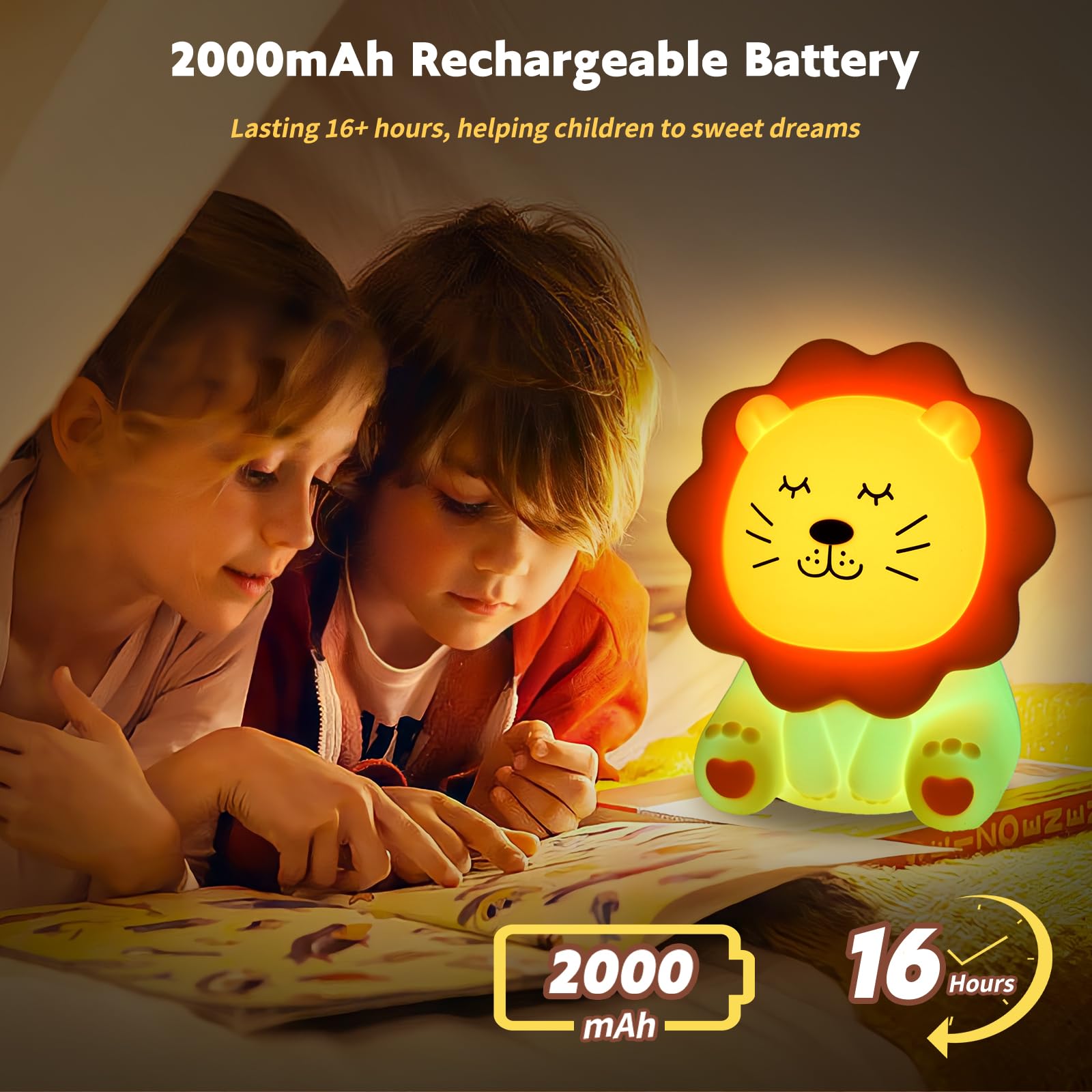 Nawchedo Night Light for Kids - Soft Silicone Lion Lamp, 7 Colors, Dimmable, Rechargeable, Anti-glare, Cute Yellow Design