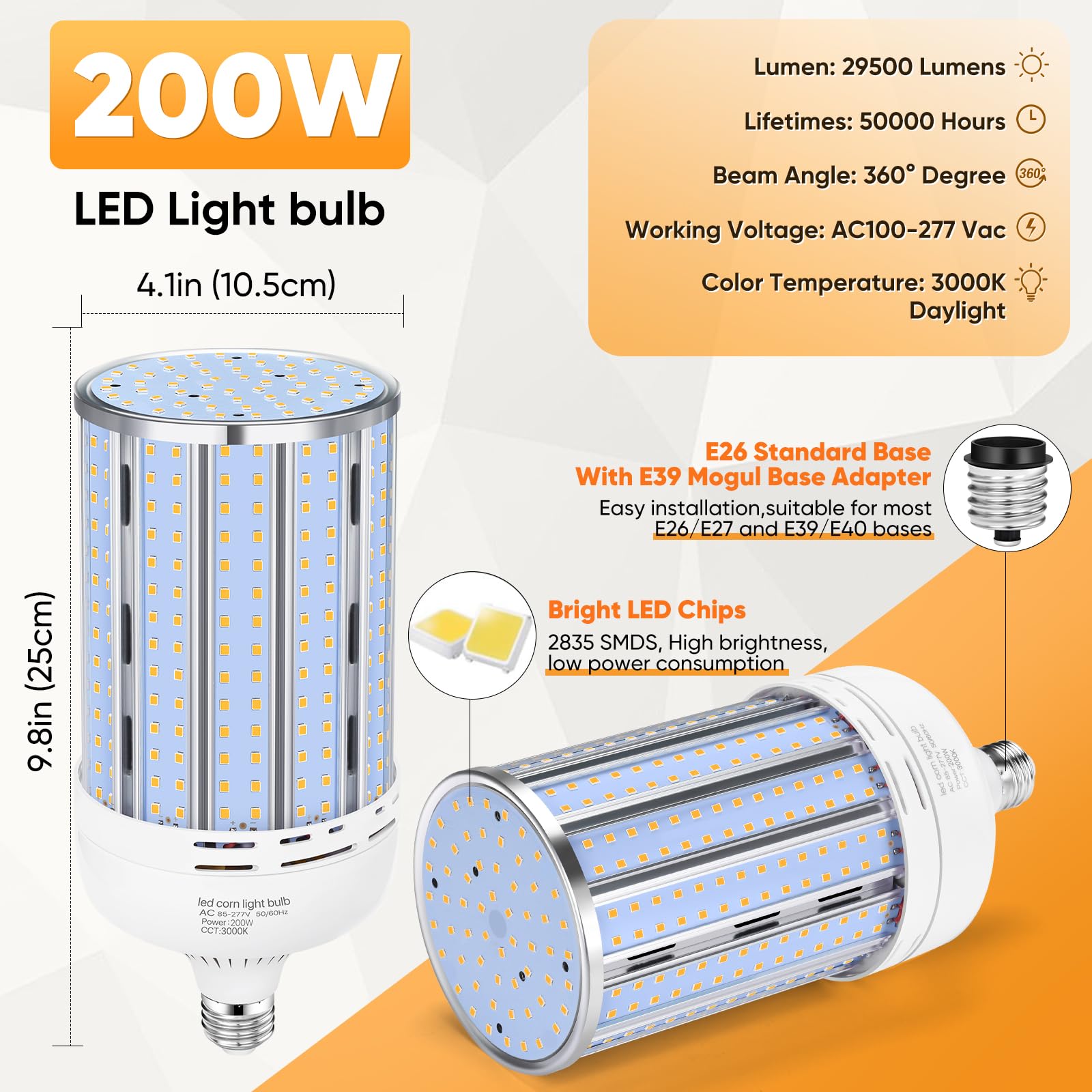 XYCN 2 Pack 200W Corn LED Bulb, 29,500LM, 3000K Warm White, E26/E39, Aluminum, Model YM-200W-2pack