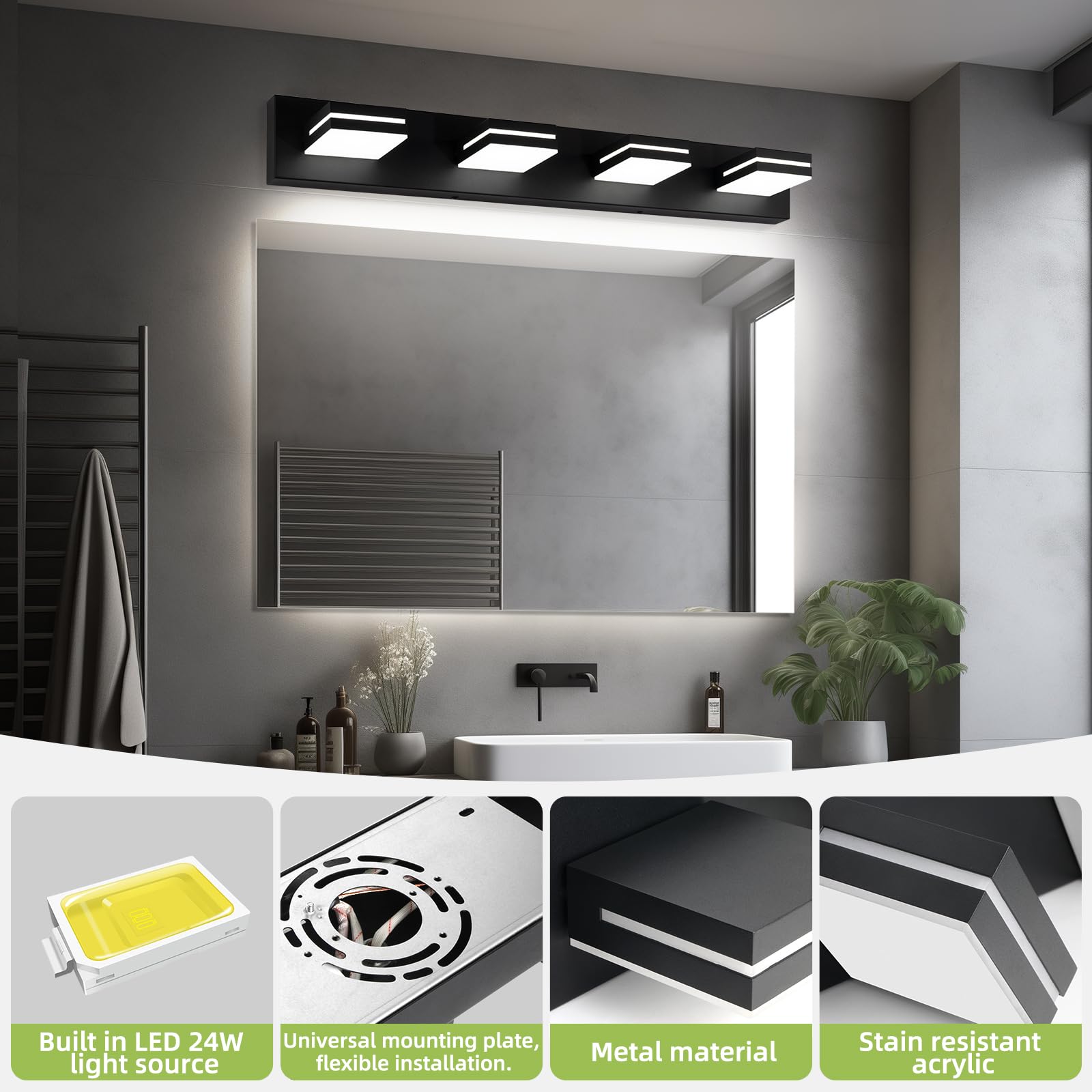 Okeli 4-Light Dimmable Bathroom Vanity Light, Matte Black, Adjustable Led Over Mirror, 32W 6000K
