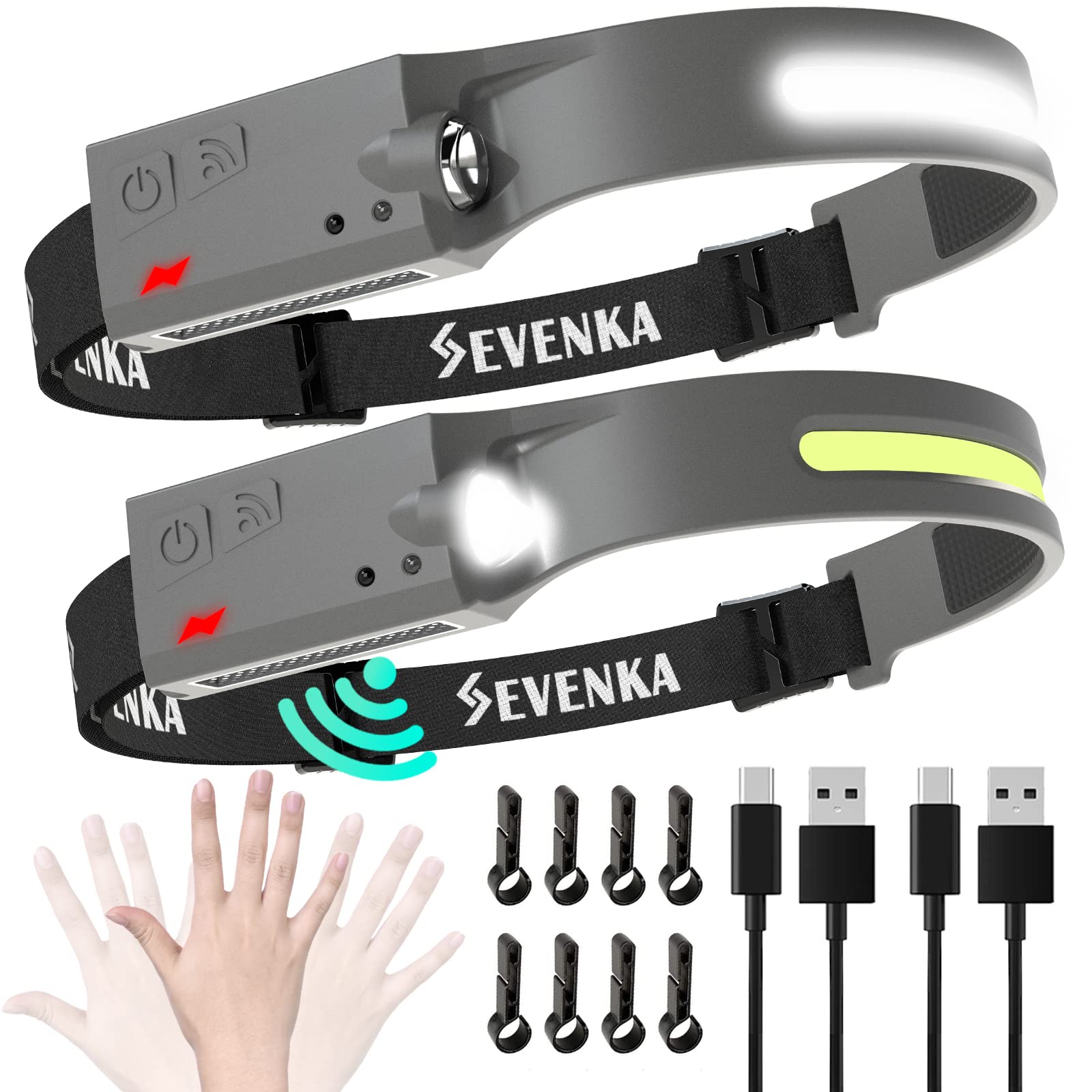 SEVENKA Rechargeable Headlamp, 1000 Lumen LED, 230° Wide Beam, Lightweight 2.4oz, Model LX200, Gray