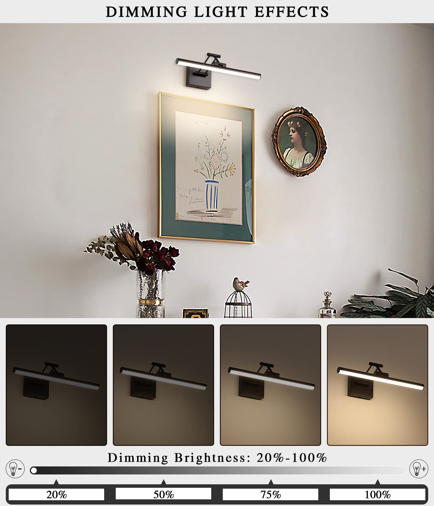 Joossnwell LED Picture Light, 15.5" Dimmable Black Art Lamp, Hard-Wired, Adjustable Swing Arm, Model 9890, Warm White 3000K