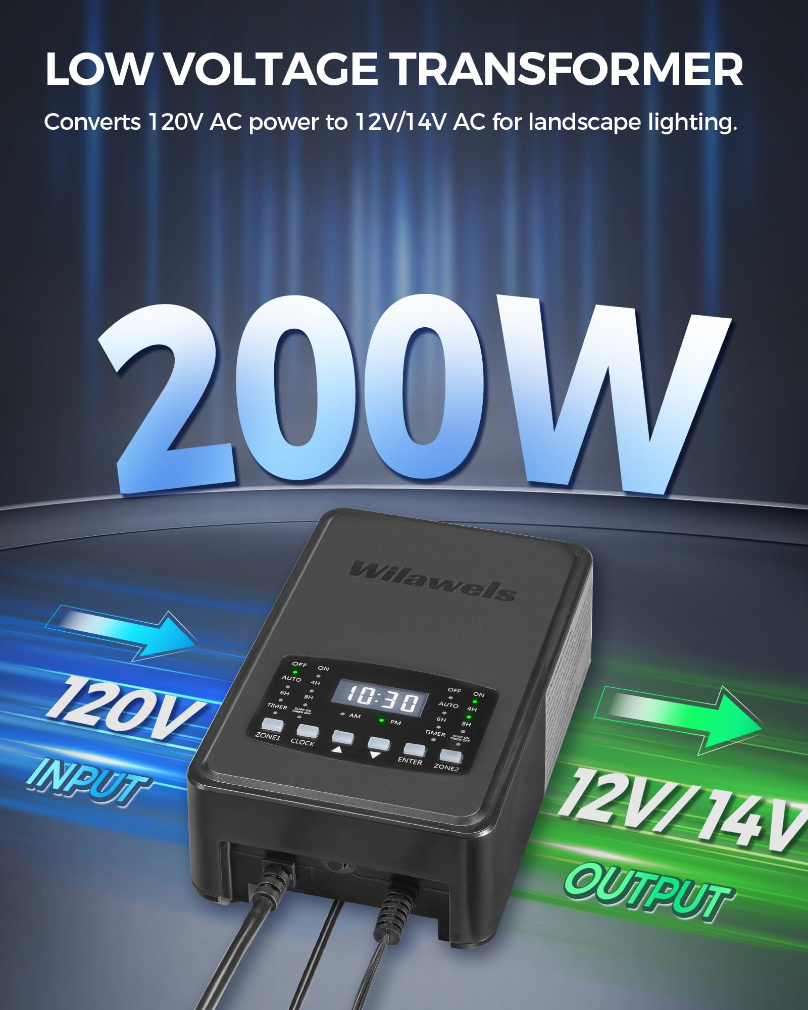 Wilawels 200W Low Voltage Landscape Transformer, 2 Zone Independent Control, Landscape Lighting Transformer, 120V Ac To 12/14V A