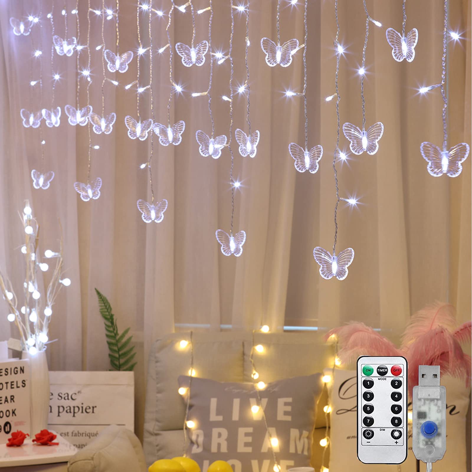 Decorman Butterfly Curtain Lights, 13ft, 96 LED, Cool White, USB, 8 Modes, Model CLD-B-R-001