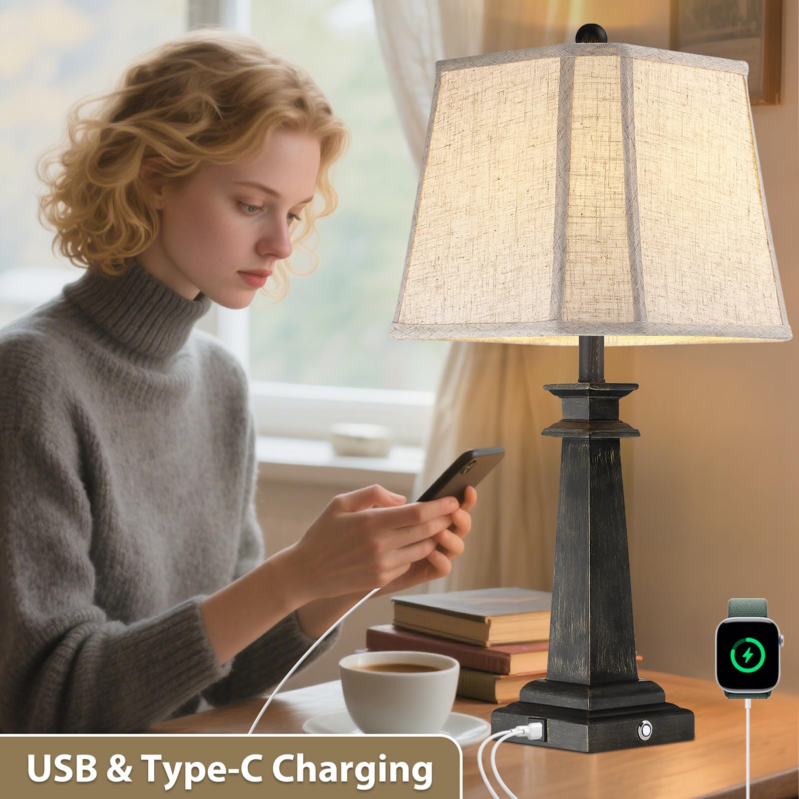 Hapcrea 27.5 Table Lamps Set Of 2, 3-Way Dimmable Touch Lamps For Nightstand, Farmhouse Table Lamp For Living Room And Bedroom W