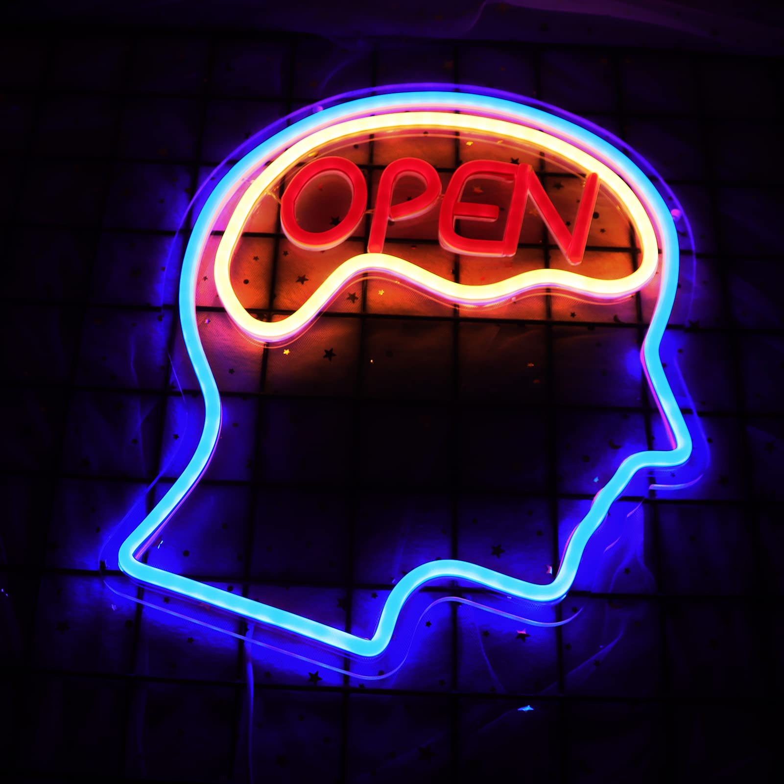 JFLLamp Neon Wall Decor Light - Open Mind Brain Design, 14.1in x 12.2in, Plastic, Blue+Warm White+Red, Model OPEN-001