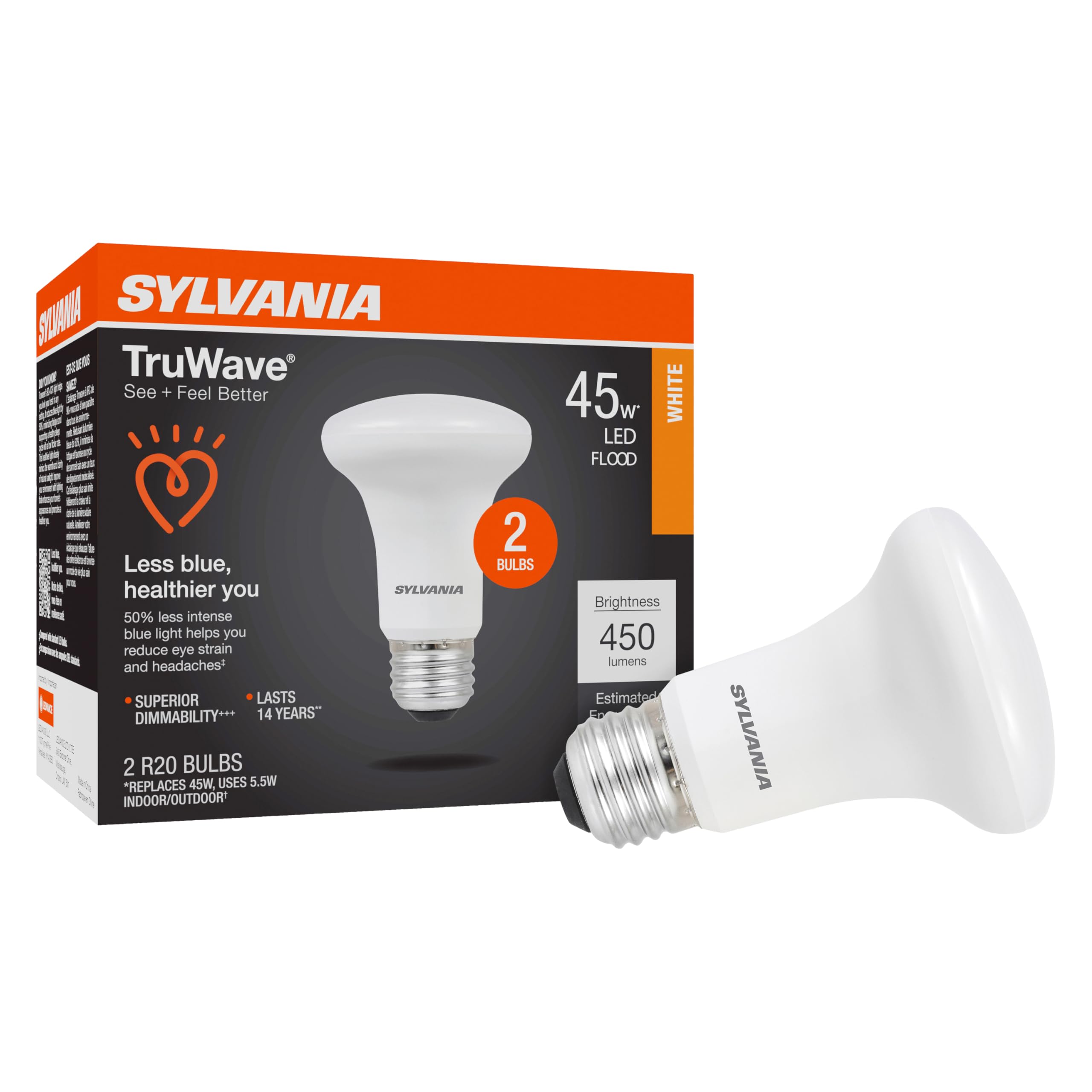 Sylvania Led Truwave Natural Series R20 Light Bulb, 50W Equivalent Efficient 5W, Dimmable, Frosted, 3000K, Neutral White - 2 Pac