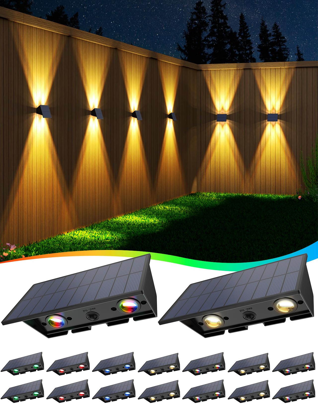 Solar Fence Lights,16Pack Solar Lights Outdoor Warm White + RGB Up & Down Solar Wall Lights Waterproof 100 Lumens Dusk to Dawn S