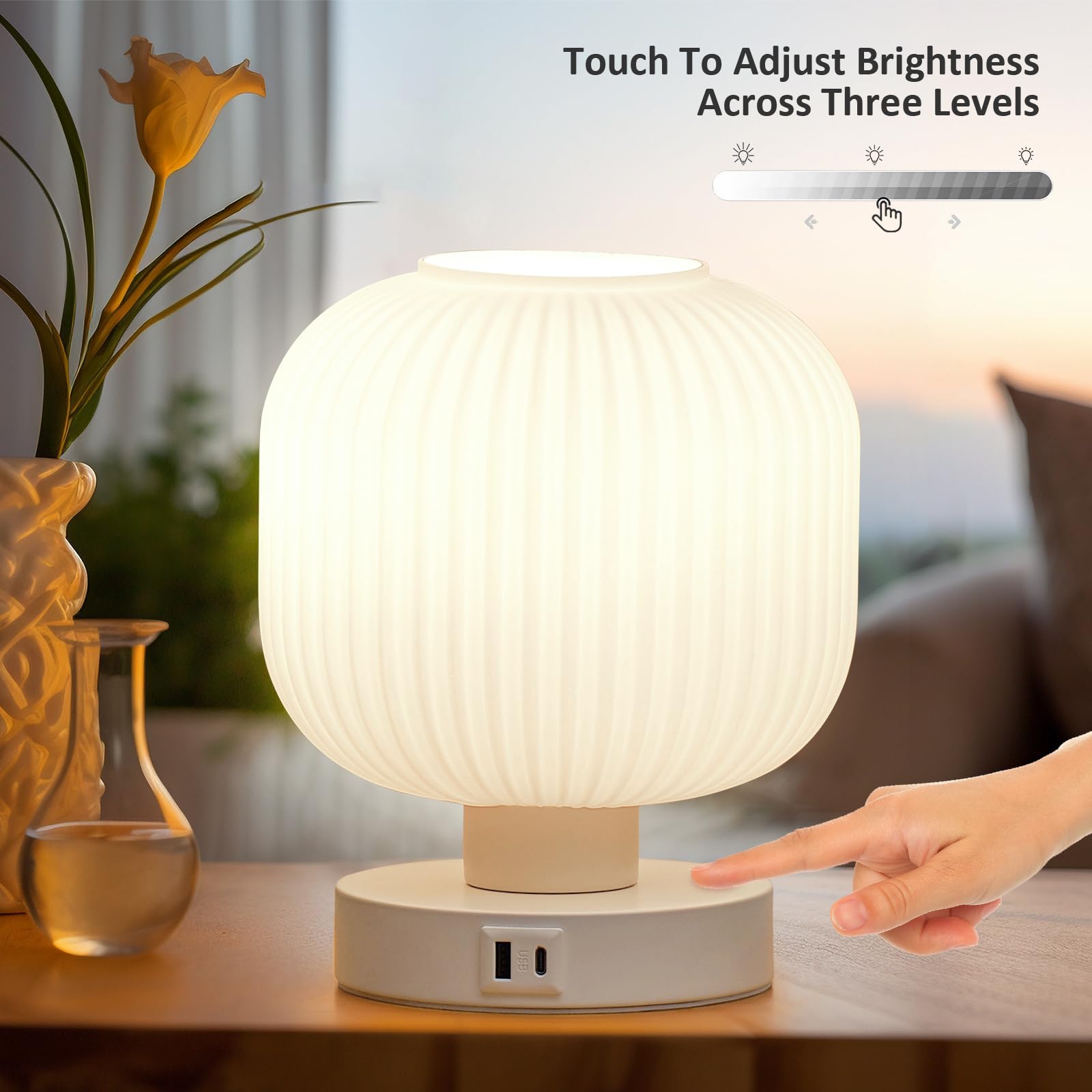 Elenhome Big Touch Glass Bedside Lamps,Table Lamps 3 Way Dimmable With Usb C+A Charging Ports - Bedroom Nightstand & Living Room Essential, 9W Bulb Included