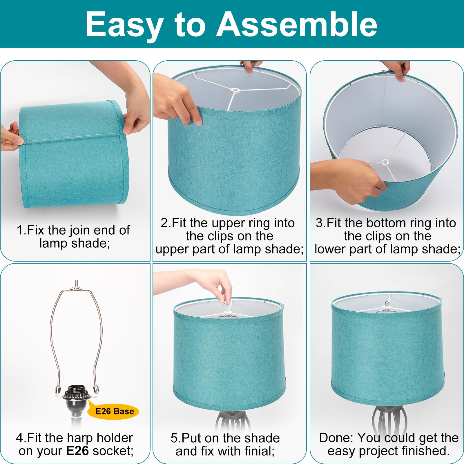 Lampshades Set Of 2, Blue Lamp Shades For Table Lamps, Floor Lamps, 11.6'' Top X 12.6'' Bottom X 9.8'' High, Fabric Drum Lampsha