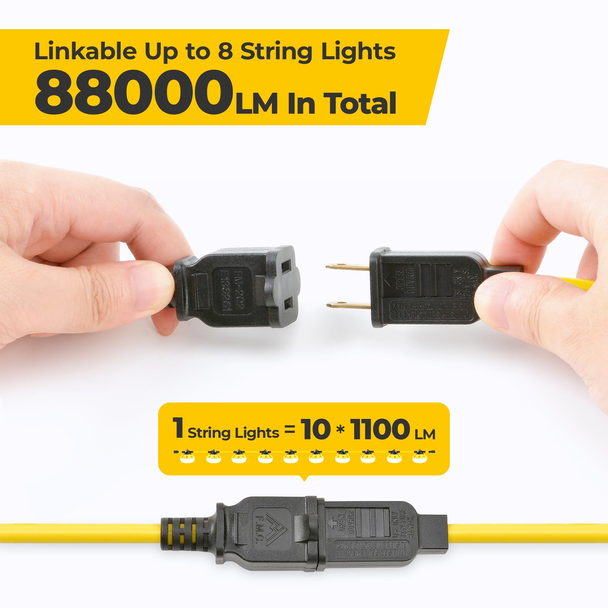 Hyanglux 100Ft Construction String Lights: 100W 11000Lm Etl Certified Bright Industrial Outdoor Temporary Lighting Led Hanging I