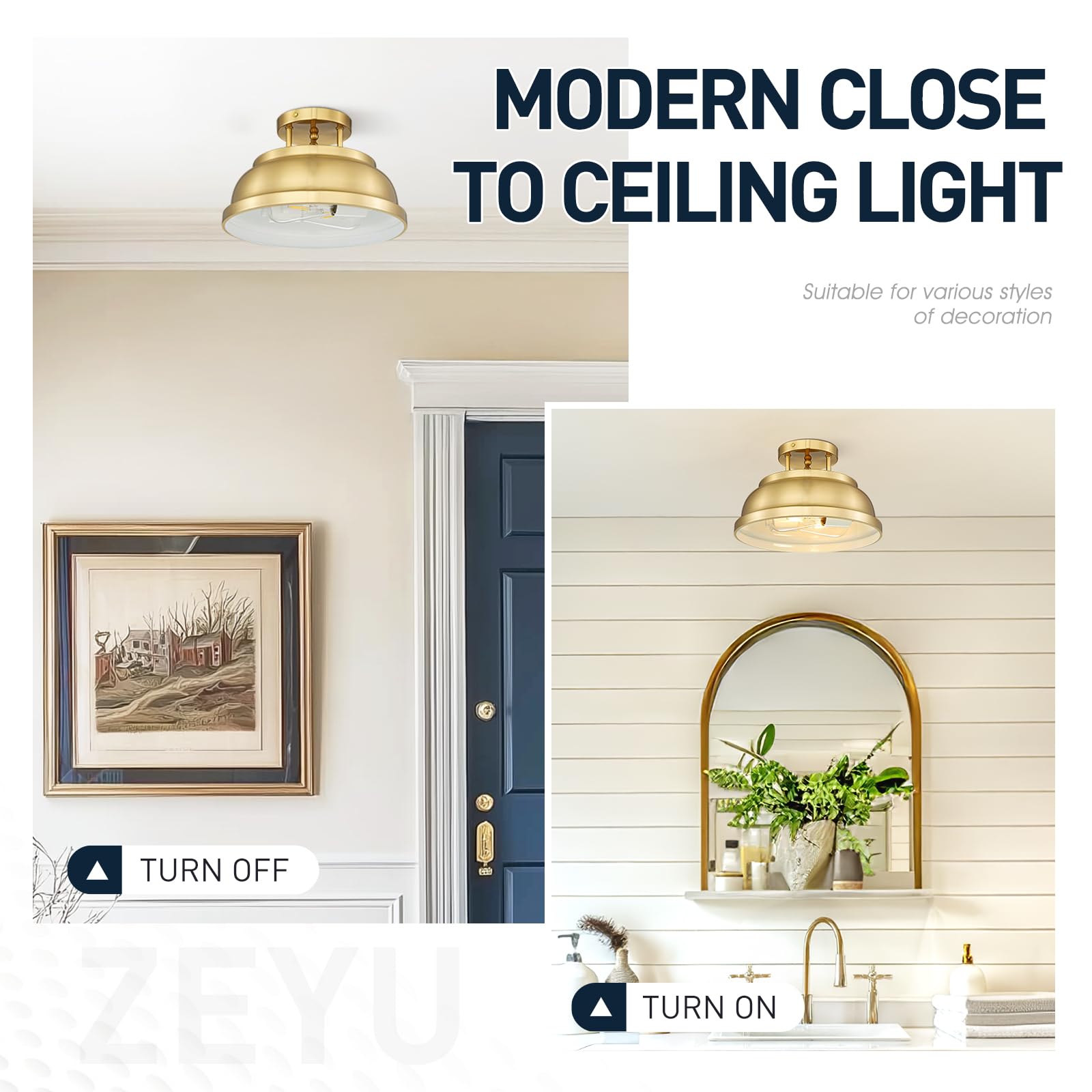 Zeyu 2-Light Vintage Flush Mount Light Fixture, Semi Flush Ceiling Light Fixture For Bedroom Kitchen, Metal Dome Shade In Brushe