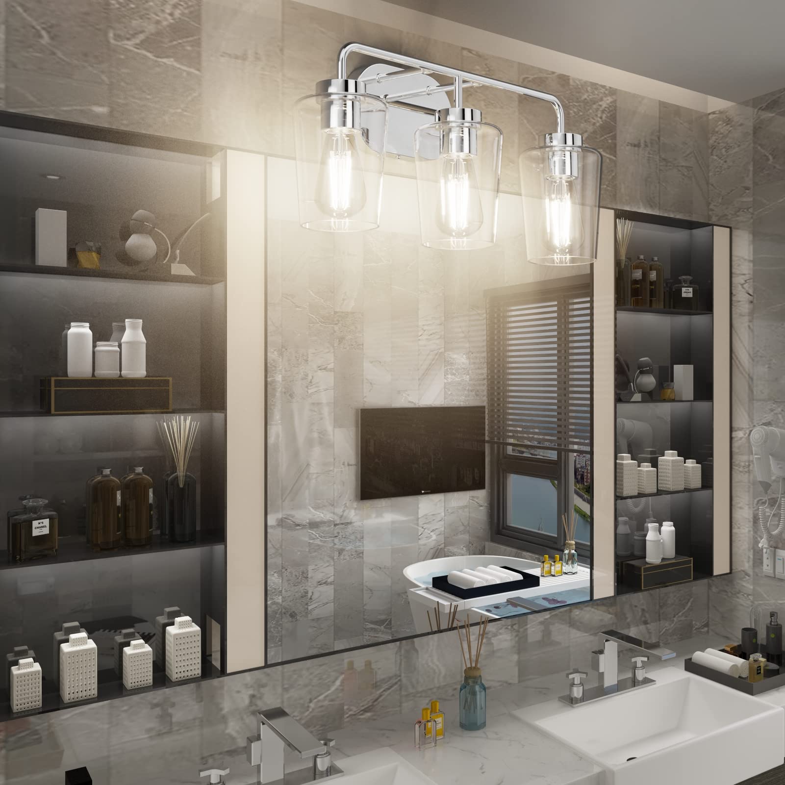 Tipace Modern Bathroom Vanity Lighting Fixtures 3-Lights Industrial Stainless Steel Chrome Finish With Clear Glass Vanity Lights