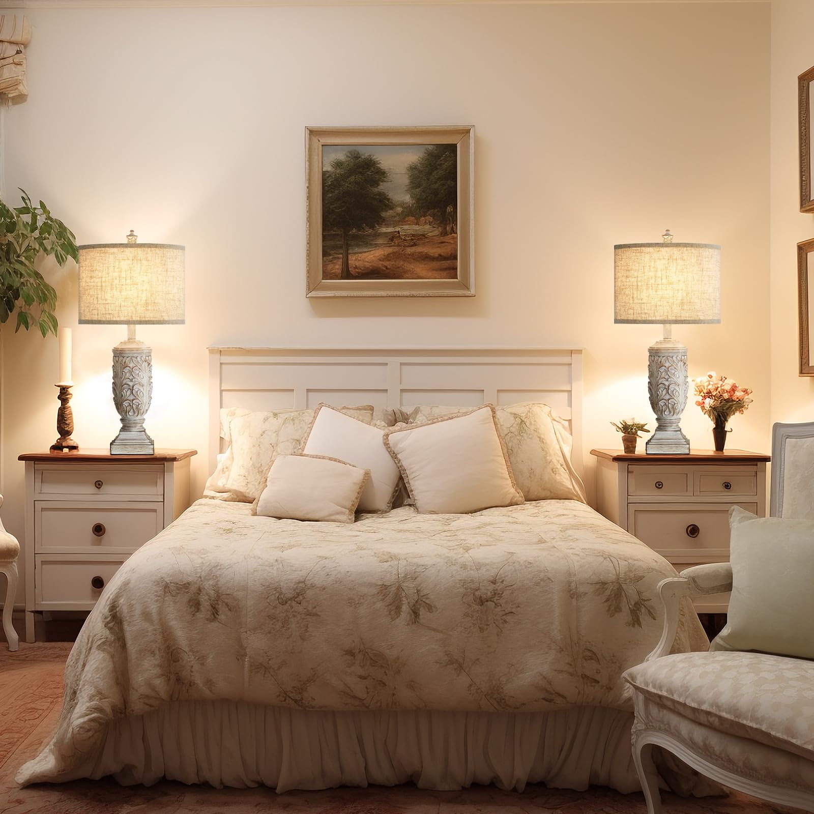 Fullarge Set Of 2 Farmhouse Table Lamps, 27.5&quot; Rustic Usb Nightstand Lamp, White Resin