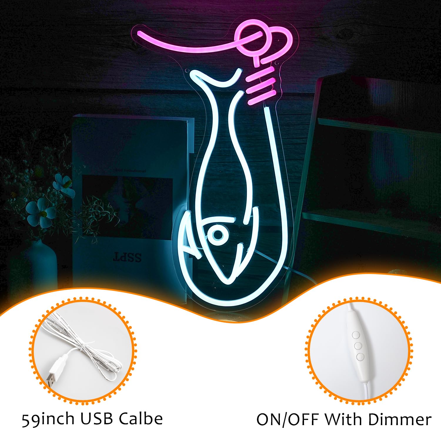 LISIGNVE Fishing Neon Sign LED Wall Light, Dimmable, Ice Blue Pink, Silicone Decor for Living Room, Man Cave, Yacht, Gift for Boys
