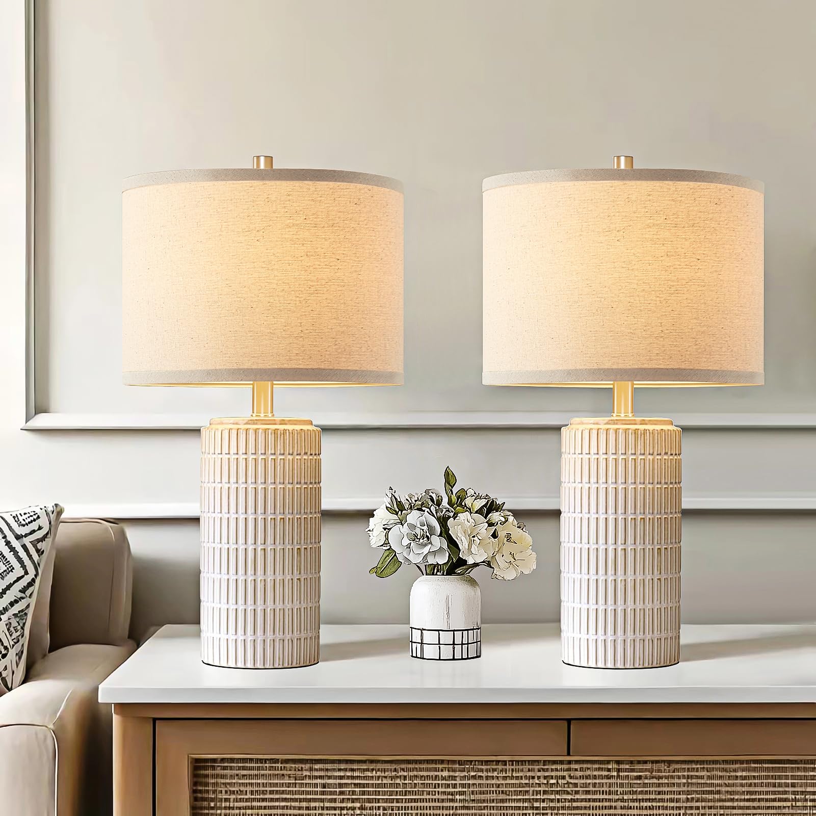 Aieampdo 23'' Set Of 2 Modern Ceramic Table Lamps For Living Room Bedroom, Nightstand Farmhouse Beige White Desk Lamp For Bedsid