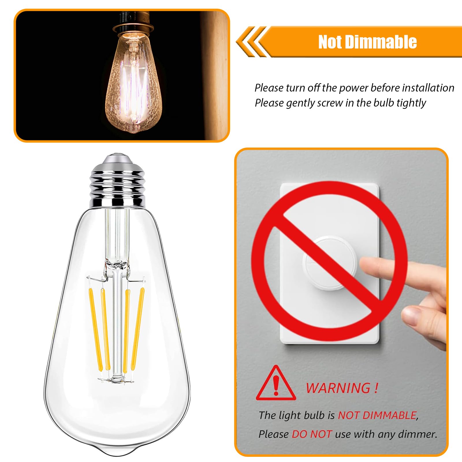 winsaLED 12 Pack LED Edison Bulbs, 4W Filament, 3000K Warm White, E26 Vintage, 450LM, CRI 90, Not Dimmable