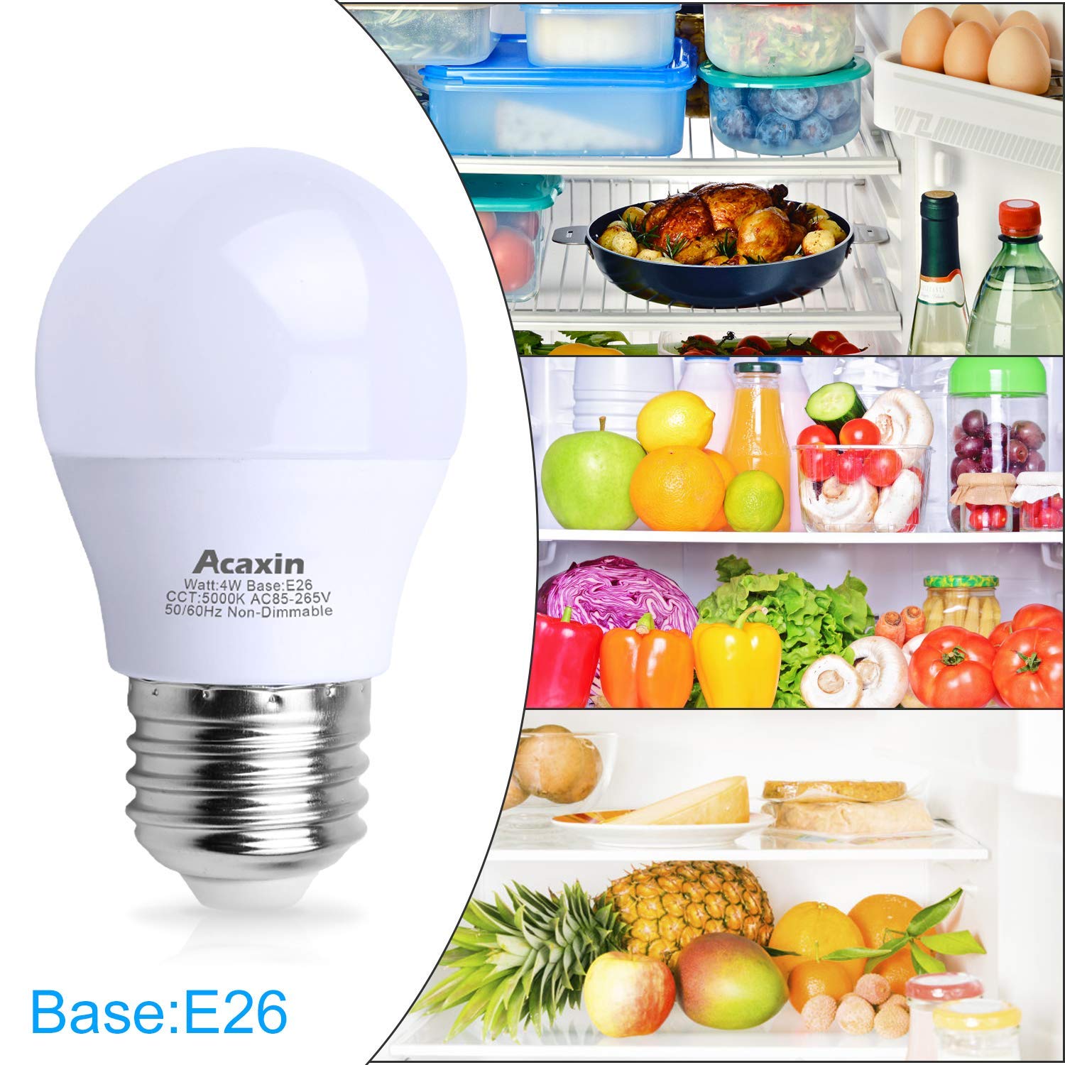 Acaxin LED Refrigerator Light Bulb 4W, Waterproof A15 Appliance Bulb, Daylight White 5000K, 2 Count, E26 Base, 400 Lumen