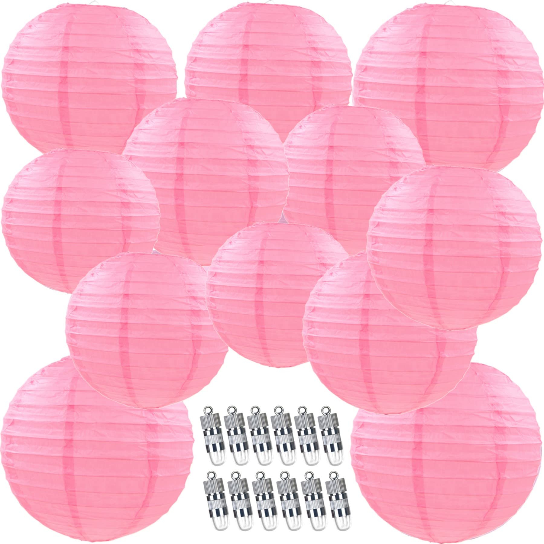 12Pcs Pink Paper Lanterns With 12Pcs White Led Lights, 6&quot; 8&quot; 10&quot; 12&quot; Round Hanging Chinese/Japanese Ball Lantern For Valentine'S Day Easter Wedding