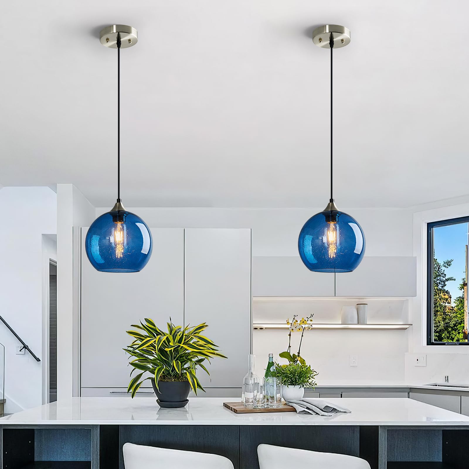 Lbsqj Blue Glass Pendant Lights Kitchen Island Lighting Globe Pendant Light Fixtures Modern Pendant Lighting For Kitchen Island Bedroom Living Dining Room Light Fixture(7.87In  1-Pack)