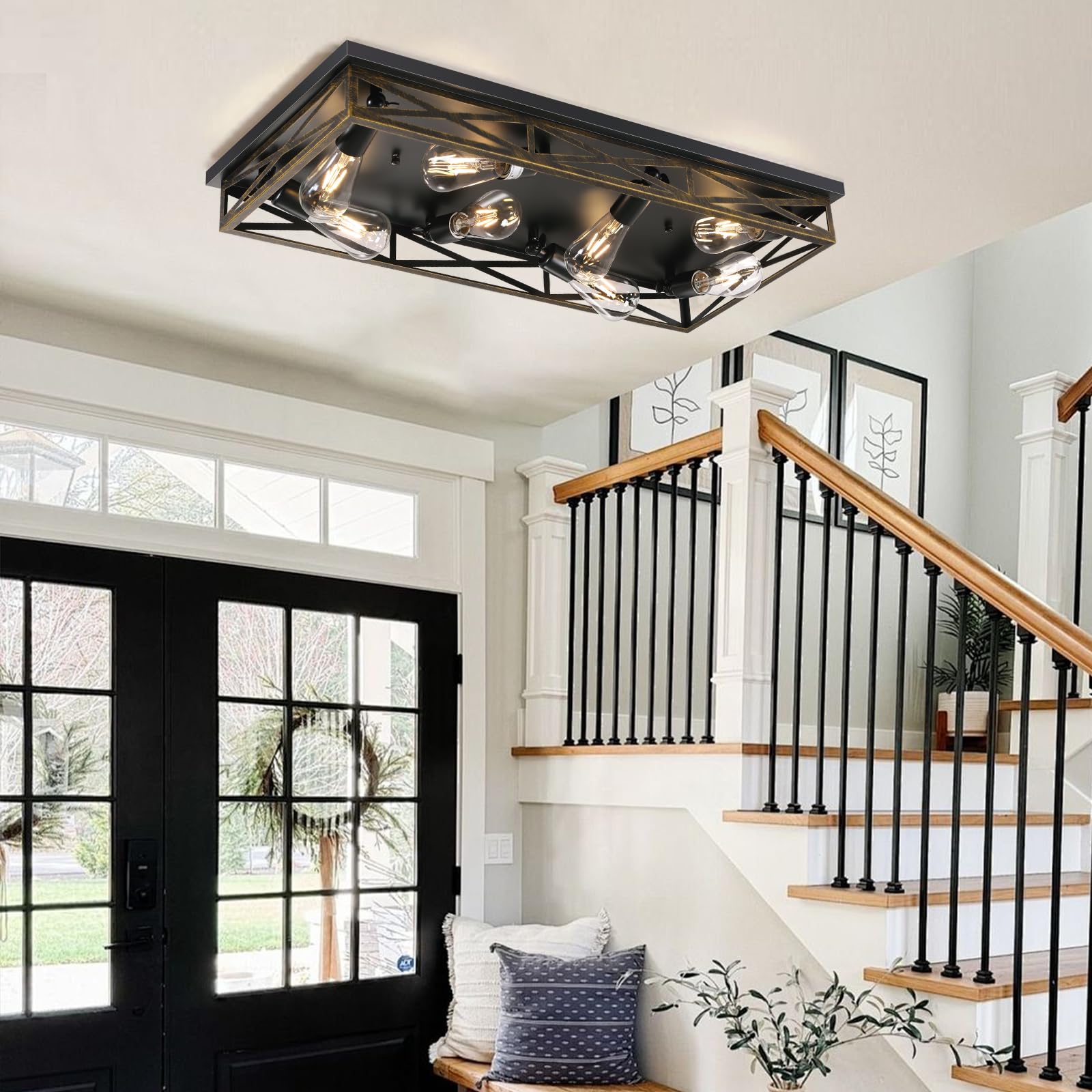 DIKAIDA Rustic Flush Mount Ceiling Light, 8-Light Metal Cage Fixture, 31in, Black, 1 Pack