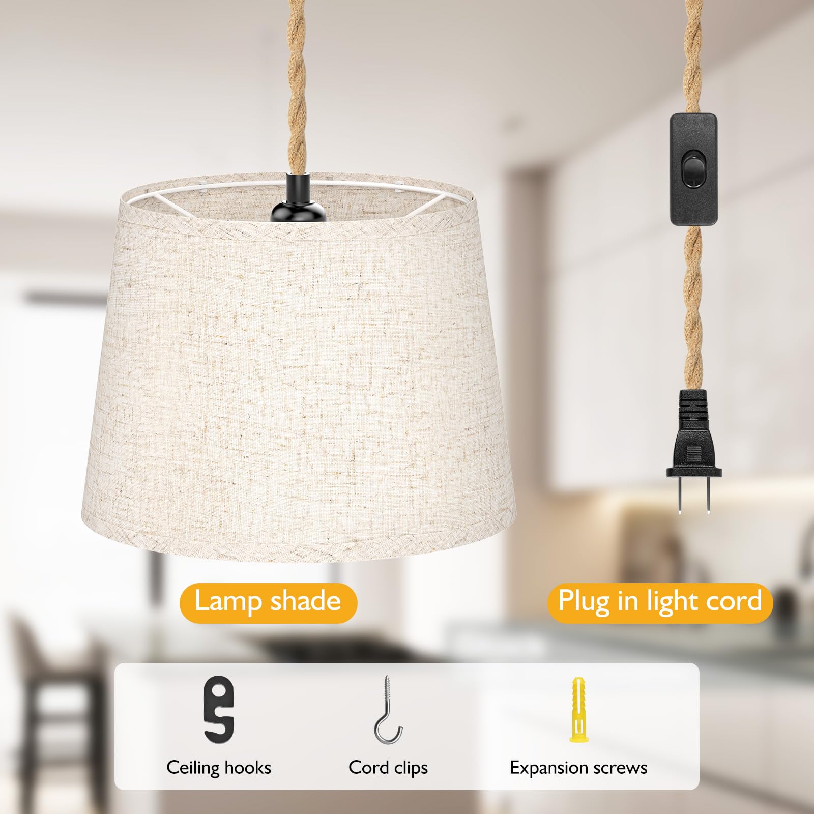 Hanging Lights with Plug in Cord, 15Ft Pendant Lamp Lights Cord Linen Shade, Industrial DIY Twisted Hemp Rope Chandelier Light F
