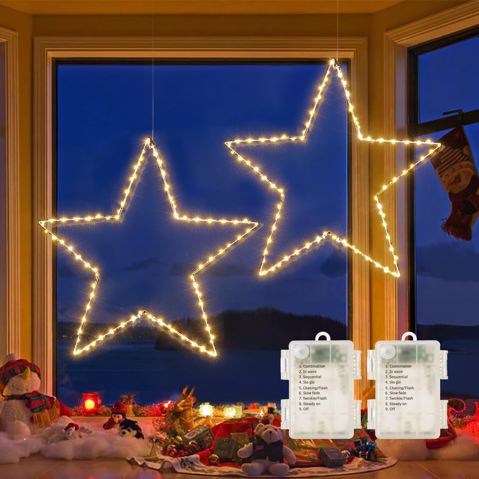 Marchpower Christmas Window Star Silhouette Lights  19Inch 70Led 2 Pack Large Star Lighted Xmas Decoration Battery Operated Twinkle Stars Light Outdoor Timer Lights Wedding Party Home D?Cor-Warm White