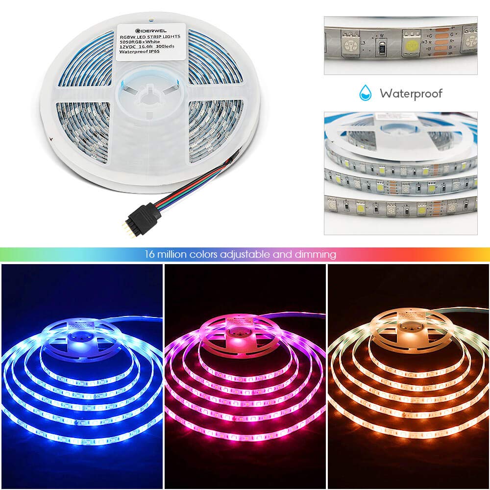 GIDERWEL RGBW LED Strip Light 16.4ft SMD5050 Flexible 12V Dimmable Color Changing Tape Light Model ZC05M