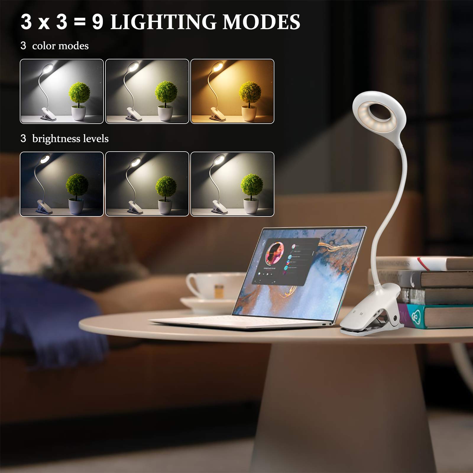 Semlos LED Desk Light, USB Rechargeable Clip Table Lamp, Battery Powered Bedside Reading Lights, 3 Colors 3 Brightness, Touch Co