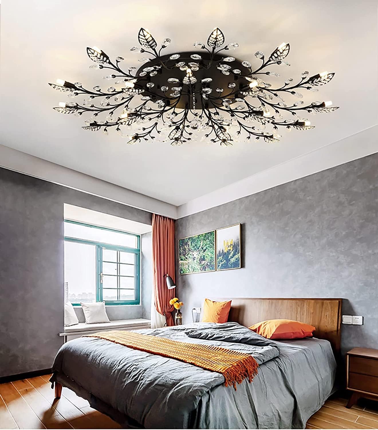 Ridiss Modern Crystal Ceiling Light Fixture, 15-Lights, Semi Flush Mount, Black, Model SJD-15, Crystal and Metal