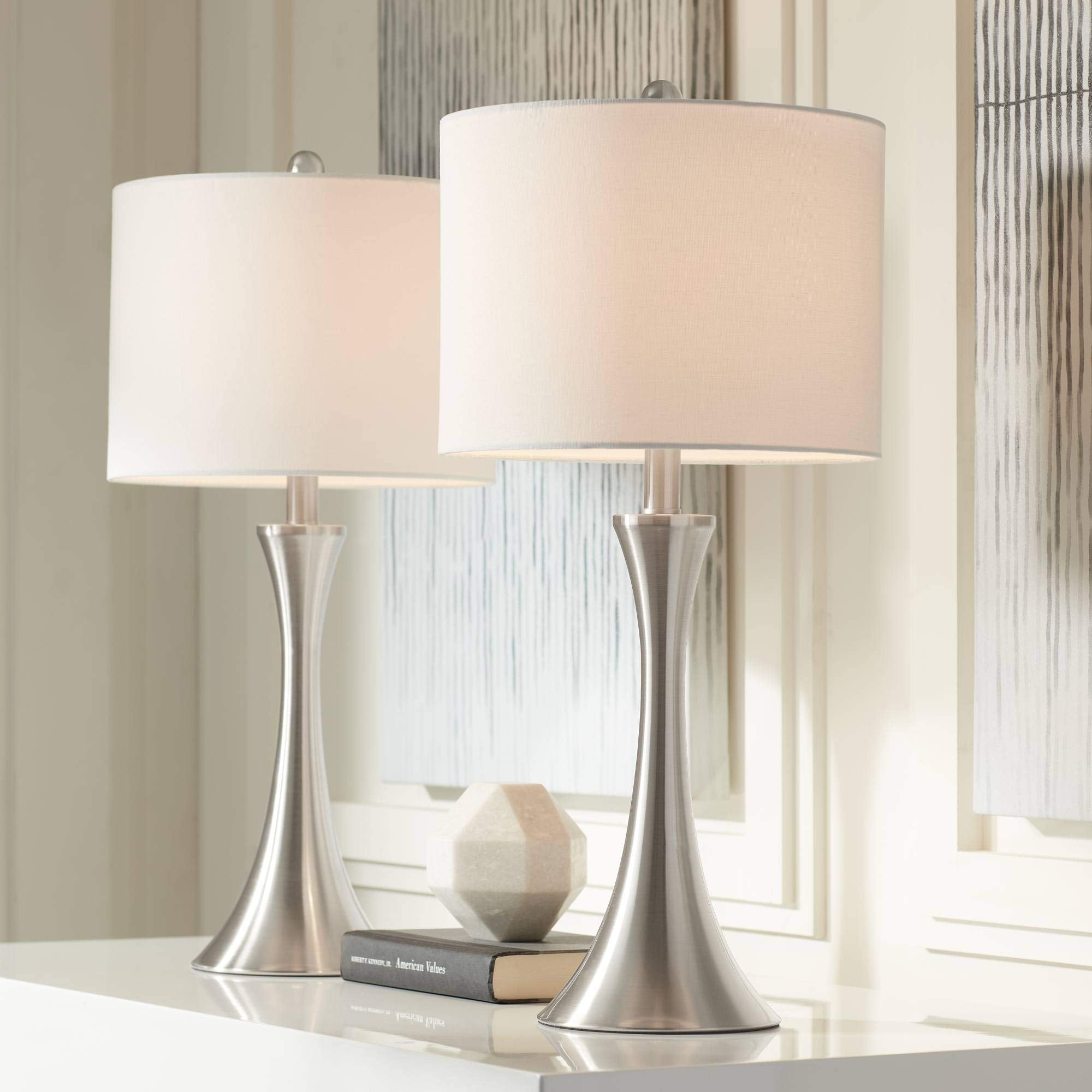 360 Lighting Gerson Modern Table Lamps Set of 2 with Dimmers 24in Tall Brushed Nickel White Drum Shade Model 79G40