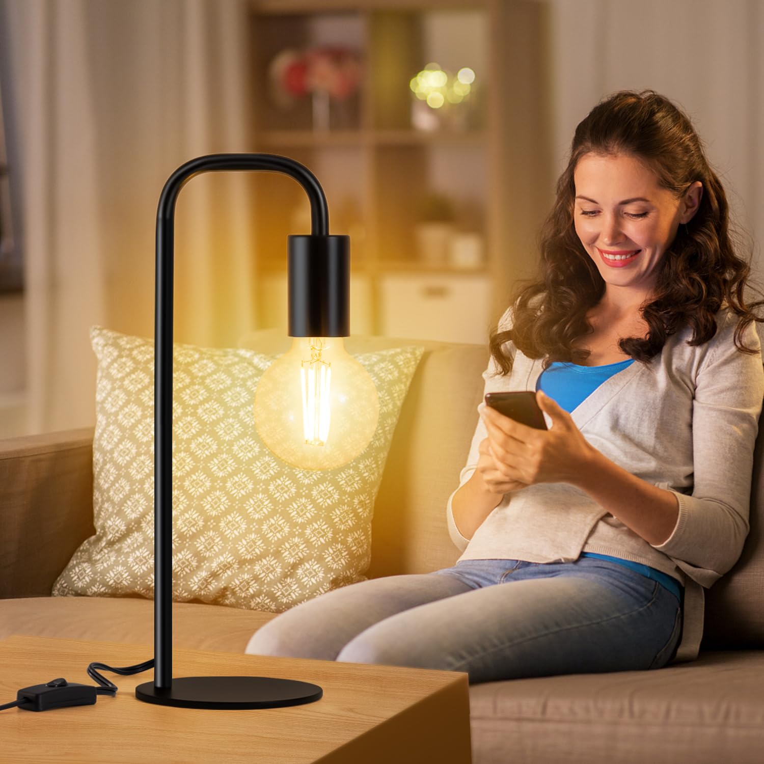 Iporovon Industrial Table Lamp, E26 Socket, Modern Black Nightstand Lamp, TL-231222