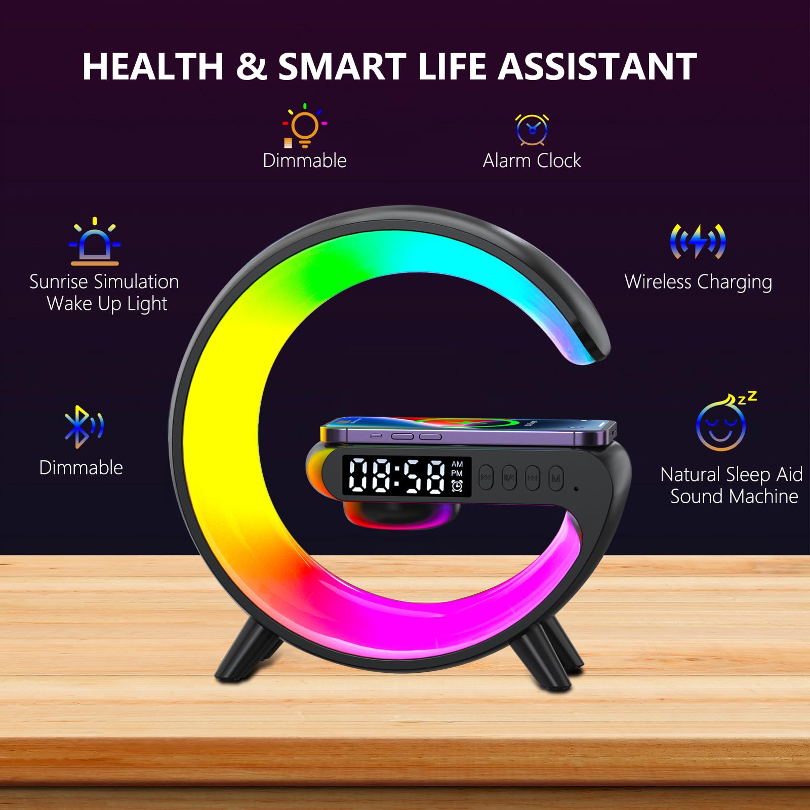 Fuyosegen Wireless Speaker Charger Light,Led Bedside Lamp 4-In-1 Alarm Clock,Mood Light,Speaker & Wireless Charger,G-Shaped Atmo
